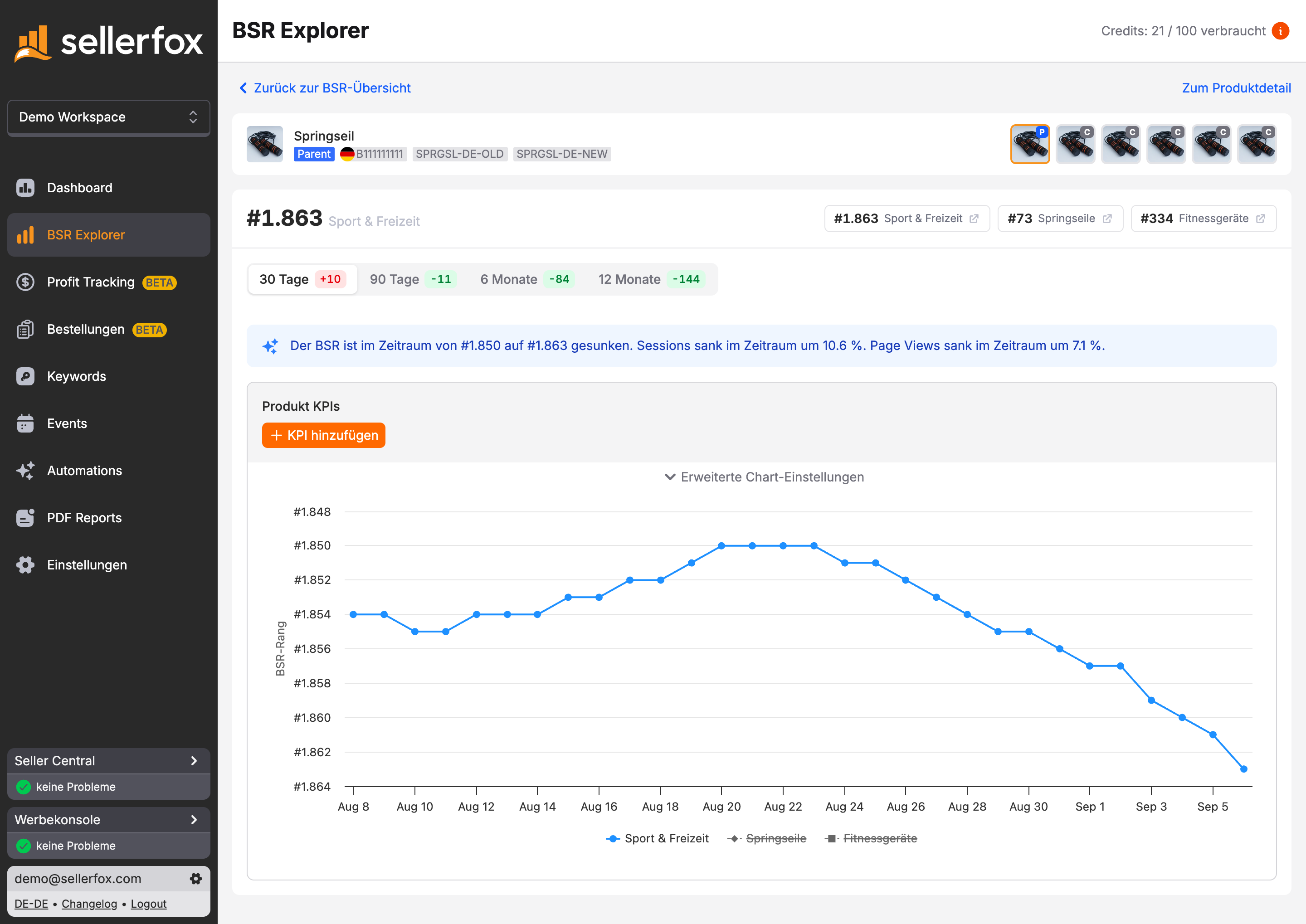 Ausschnitt aus dem BSR Explorer mit Produkt, Kategorie-Rang und Rangverlauf über 30 Tage.