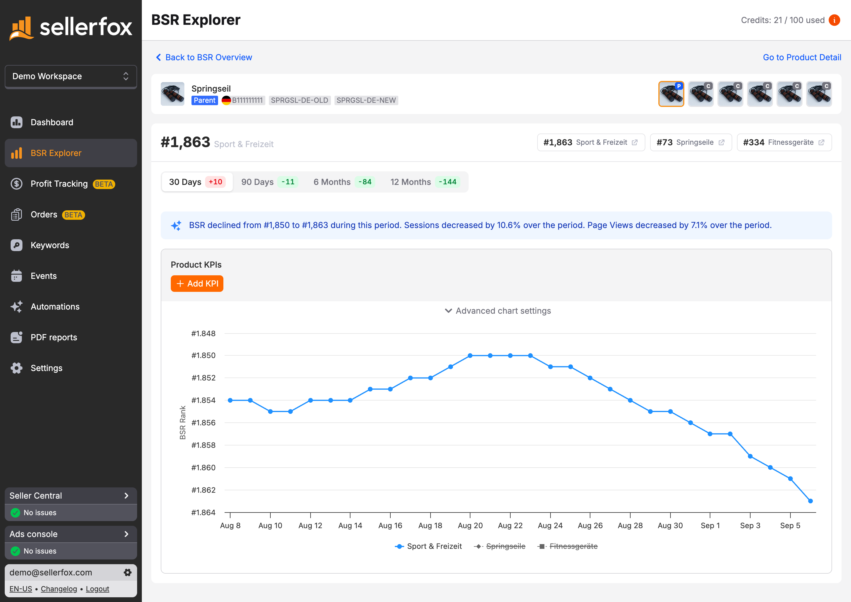BSR Explorer in sellerfox showing category positions, variant selection and a product's rank history.