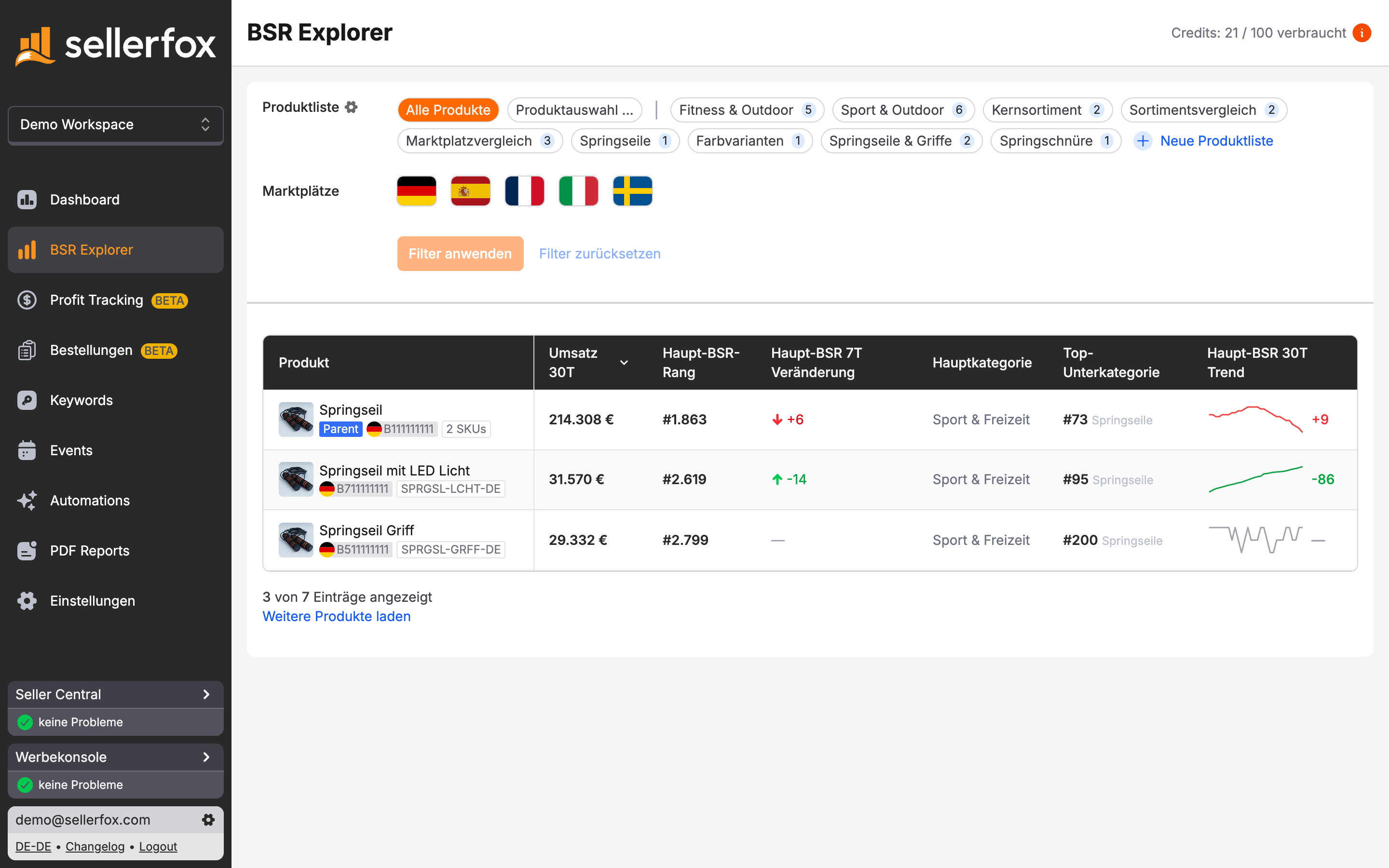 Die Übersicht des BSR Explorer mit Rang-, Kategorie- und 30-Tage-Trendspalten je Produkt.
