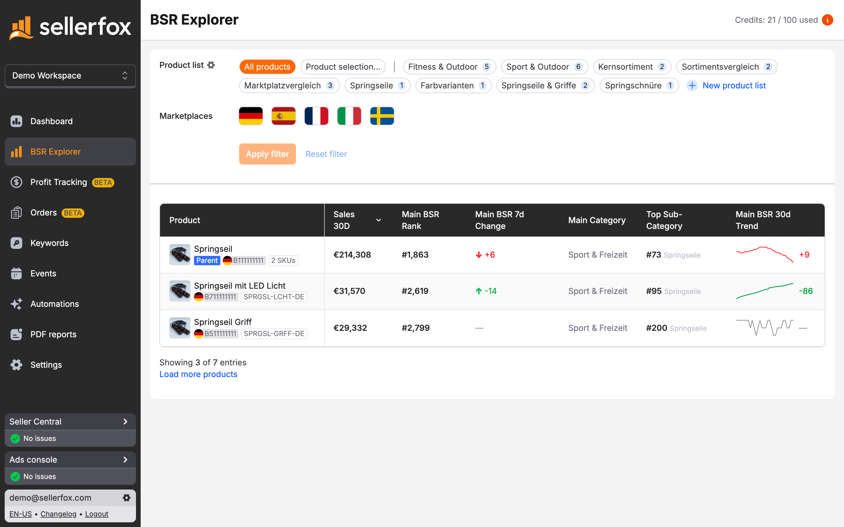 The BSR Explorer overview with rank, category, and 30-day trend columns for each product.