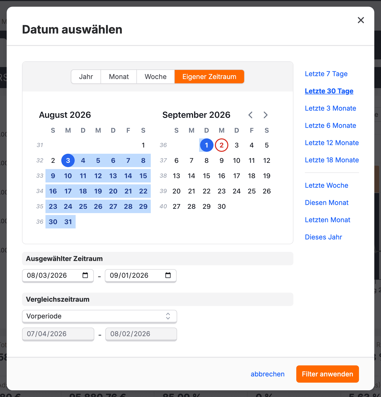 Der Dialog Datum auswählen mit den Tabs Jahr, Monat, Woche und Eigener Zeitraum, der Liste der Voreinstellungen und der Auswahl des Vergleichszeitraums.