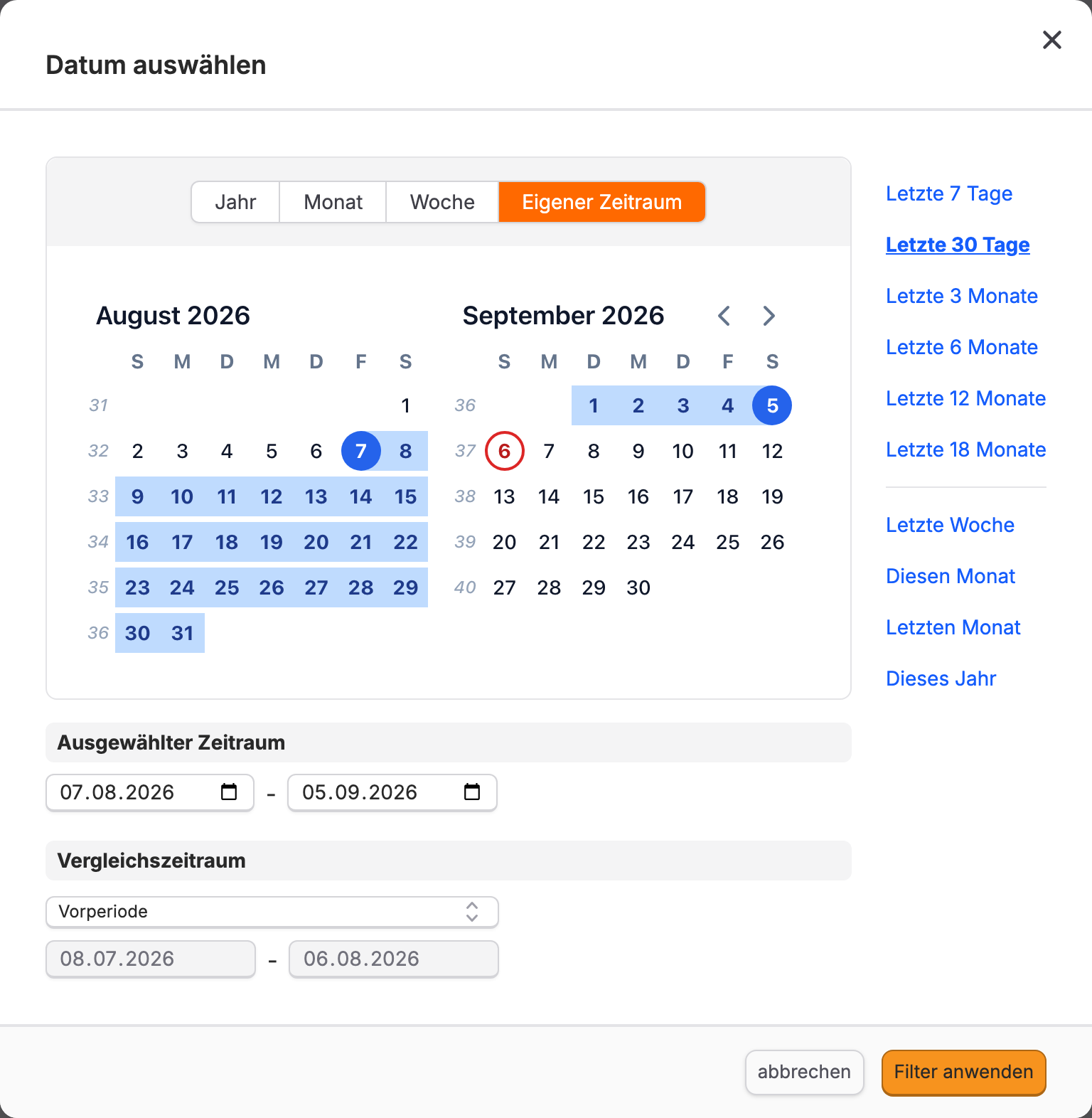 Der Dialog Datum auswählen mit den Tabs Jahr, Monat, Woche und Eigener Zeitraum, der Liste der Voreinstellungen und der Auswahl des Vergleichszeitraums.