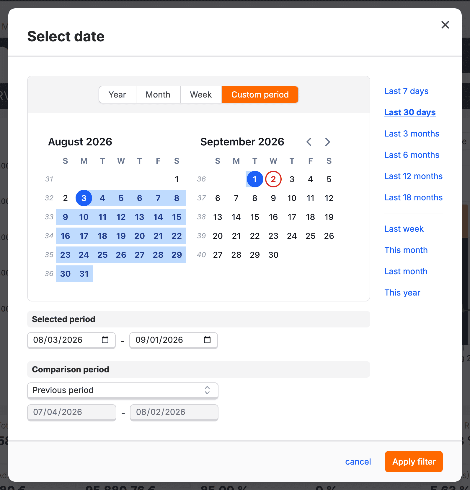 The Select date dialog with the Year, Month, Week, and Custom period tabs, the preset list, and the comparison-period control.