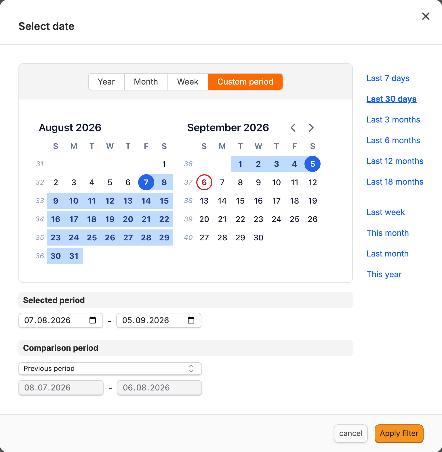 The Select date dialog with the Year, Month, Week, and Custom period tabs, the preset list, and the comparison-period control.