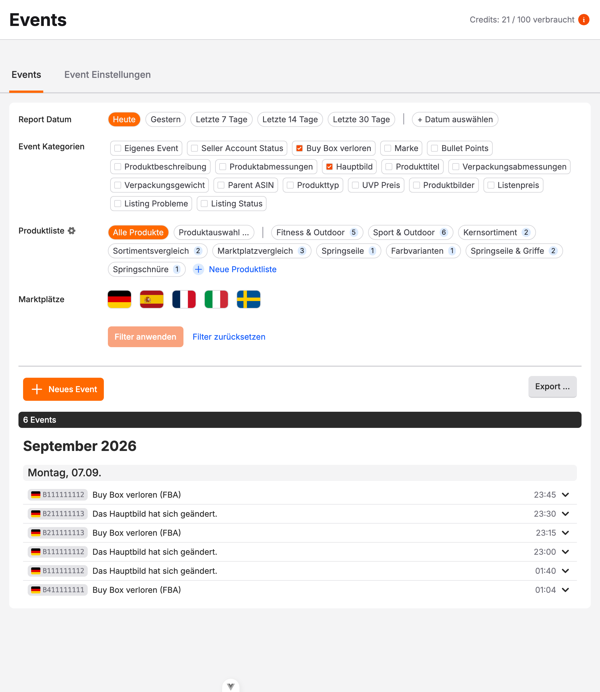 Die gefilterte Event-Liste mit sechs eingeklappten Einträgen zu Buy-Box-Verlusten und Hauptbildänderungen.