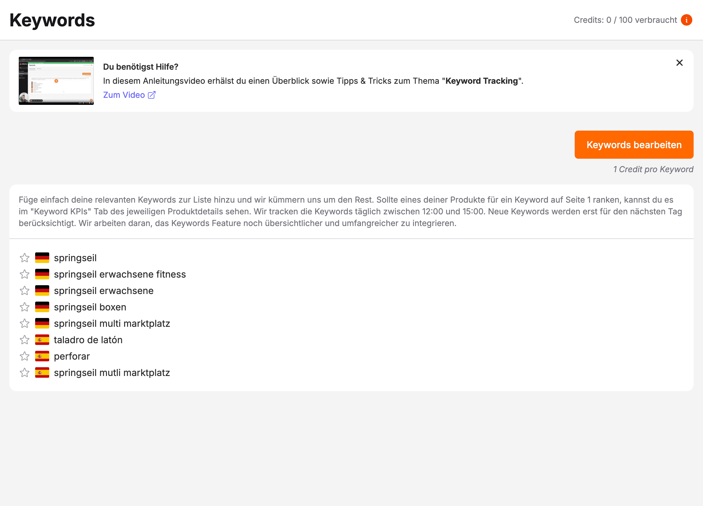 Die Seite Keywords in der Seitenleiste mit den verfolgten Begriffen, ihrer Marktplatzflagge und dem Favoritenstern.