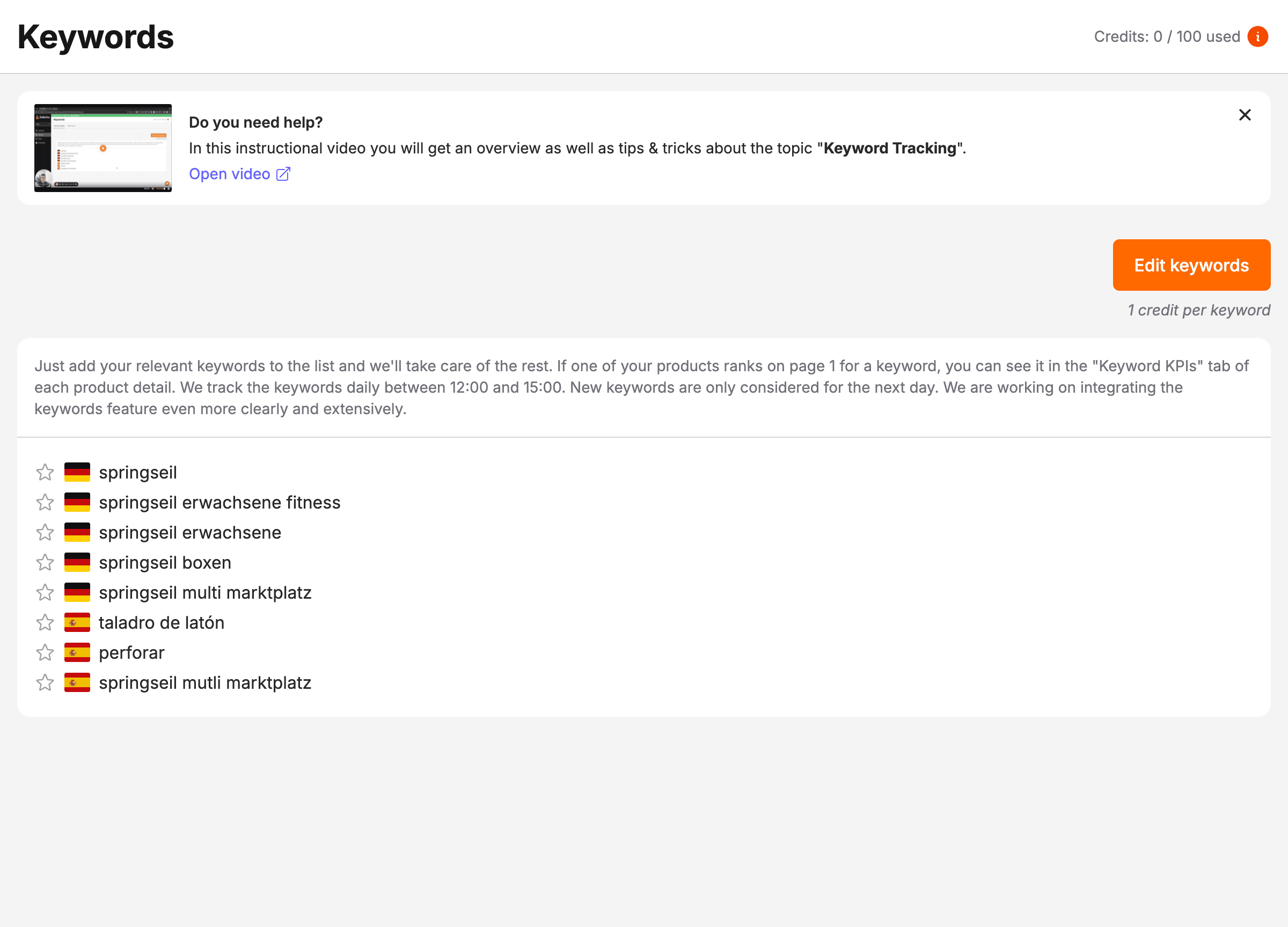 The Keywords page in the sidebar, listing tracked terms with their marketplace flag and favorite star.