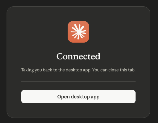 Claude-Bestätigung Connected mit der Schaltfläche Open desktop app.