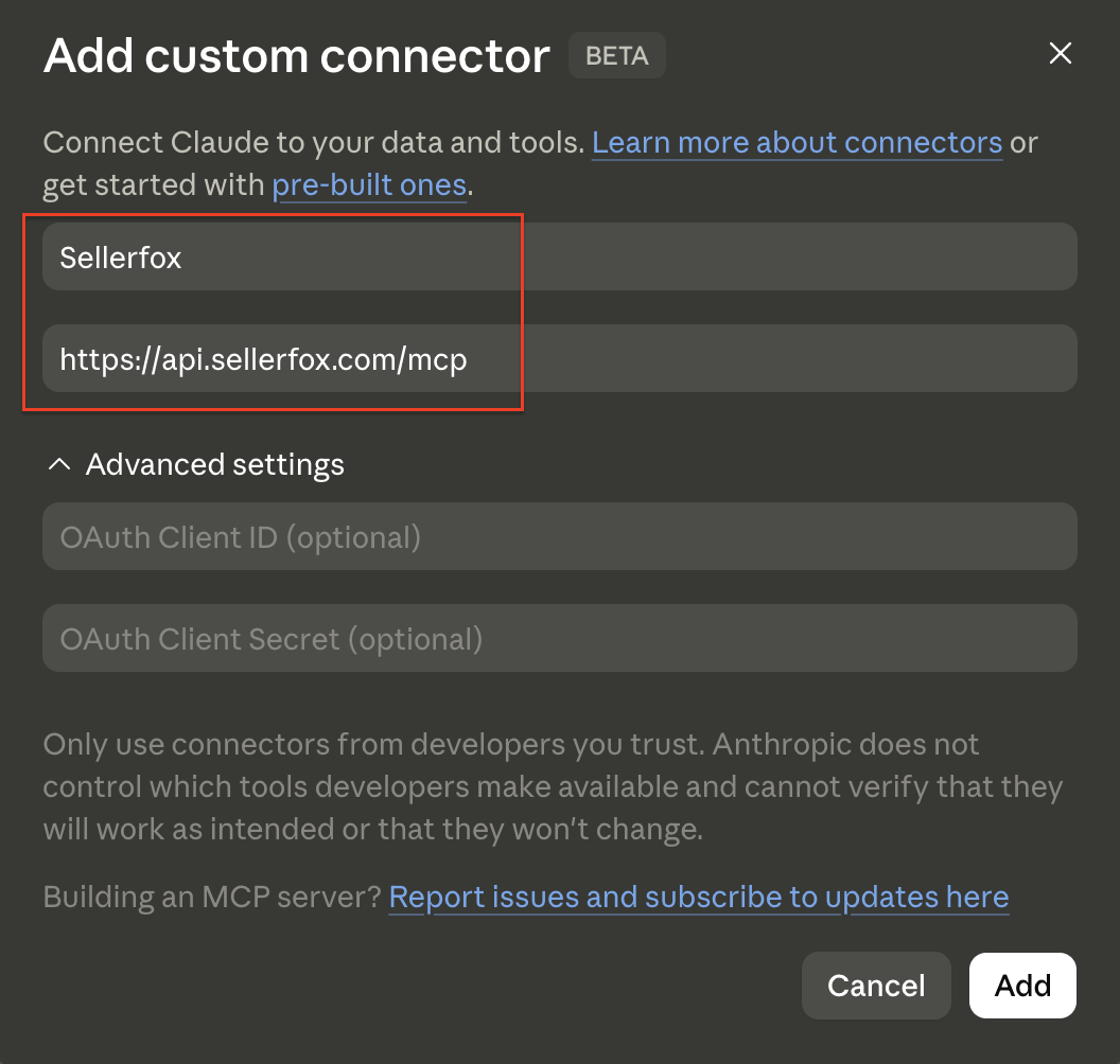 Claude-Dialog Add custom connector mit dem Namen Sellerfox und der URL https://api.sellerfox.com/mcp.