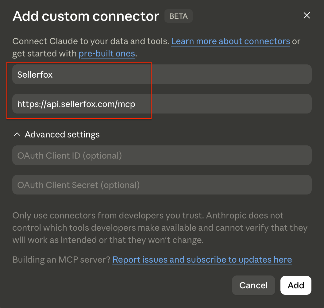 Claude-Dialog Add custom connector mit dem Namen Sellerfox und der URL https://api.sellerfox.com/mcp.