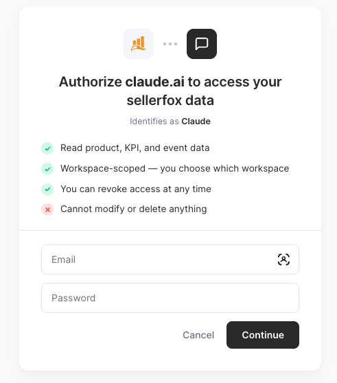 sellerfox-Anmeldeseite für Claude mit leeren Feldern Email und Password sowie der Schaltfläche Continue.