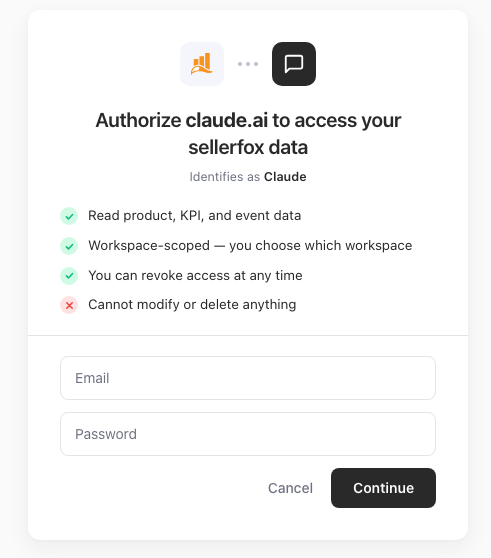 sellerfox-Anmeldeseite für Claude mit leeren Feldern Email und Password sowie der Schaltfläche Continue.