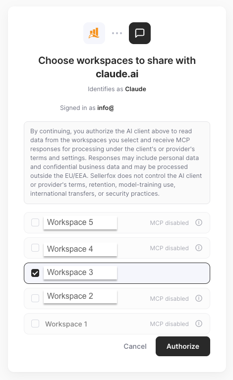 sellerfox-Freigabeseite mit ausgewähltem Workspace 3; die übrigen angezeigten Workspaces haben MCP deaktiviert.
