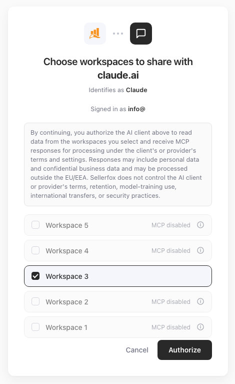 sellerfox-Freigabeseite mit ausgewähltem Workspace 3; die übrigen angezeigten Workspaces haben MCP deaktiviert.