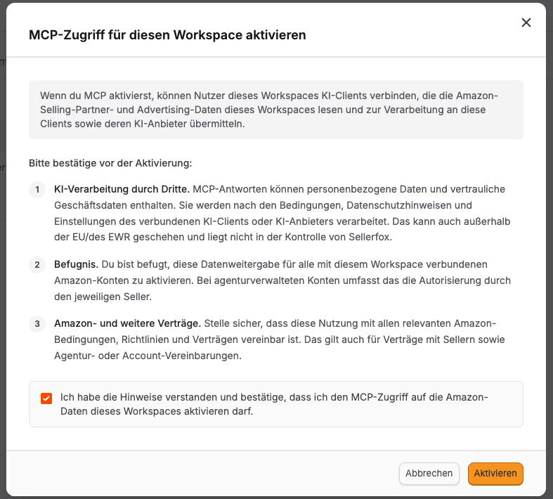 Bestätigungsdialog für MCP-Zugriff mit ausgewählter Zustimmung und der Schaltfläche Aktivieren.