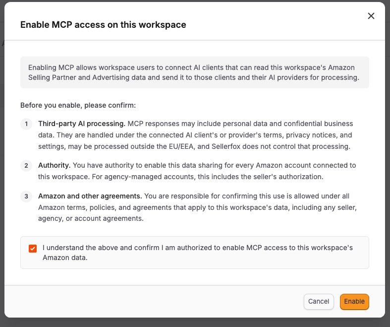 MCP access confirmation dialog with consent selected and the Enable button.