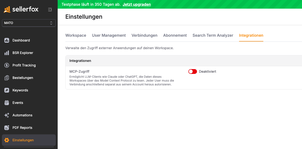 sellerfox-Einstellungen im Tab Integrationen mit ausgeschaltetem Schalter bei MCP-Zugriff und dem Status Deaktiviert.