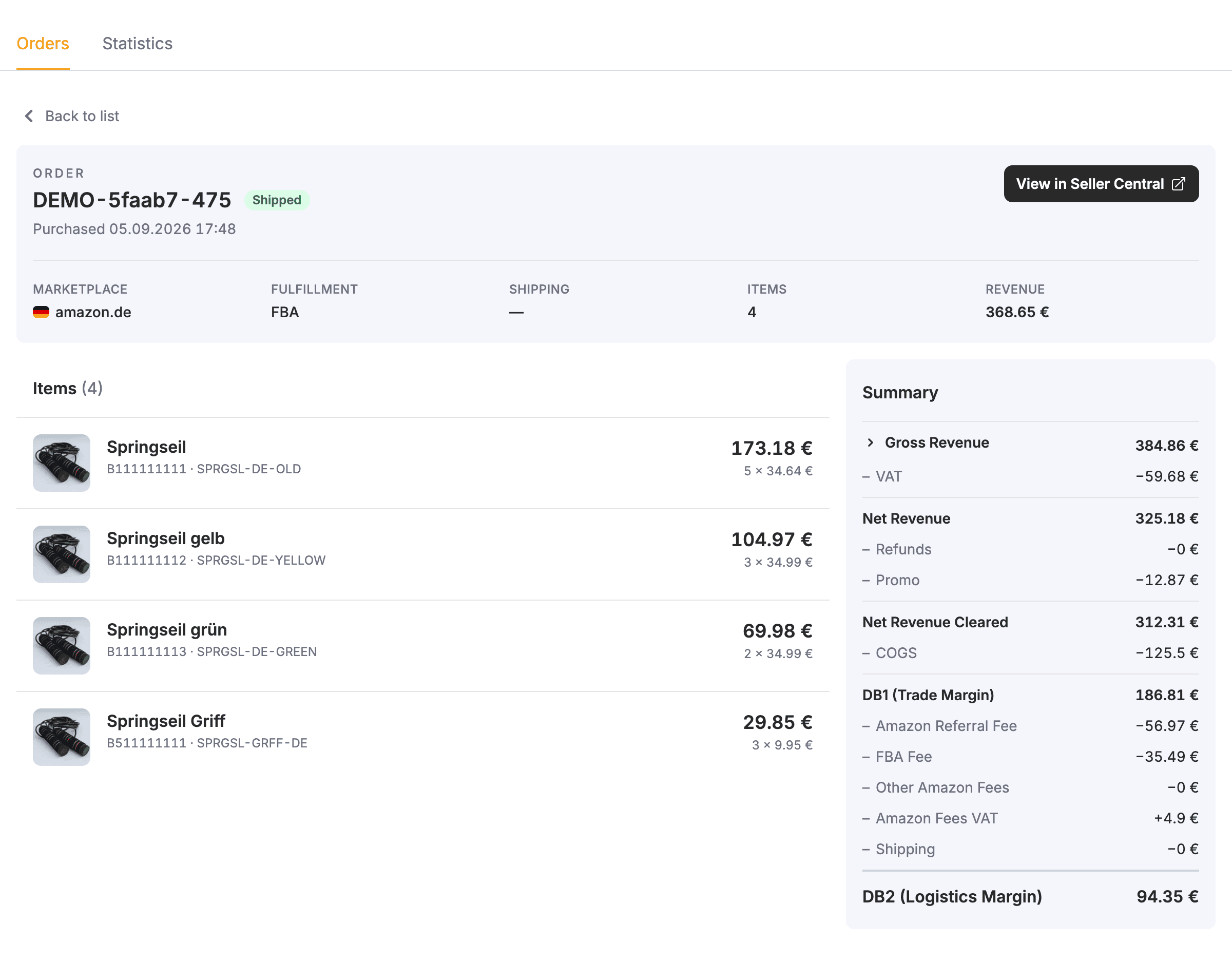 An order detail page with its items above the revenue and fee summary.