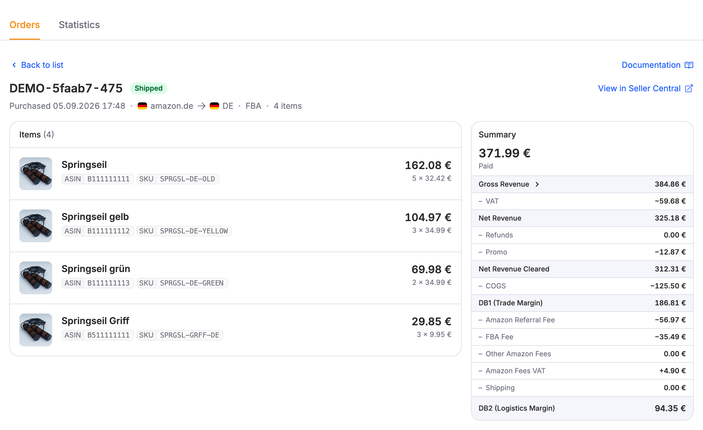 A shipped order with the items on the left and a summary of revenue, costs, and margin on the right.