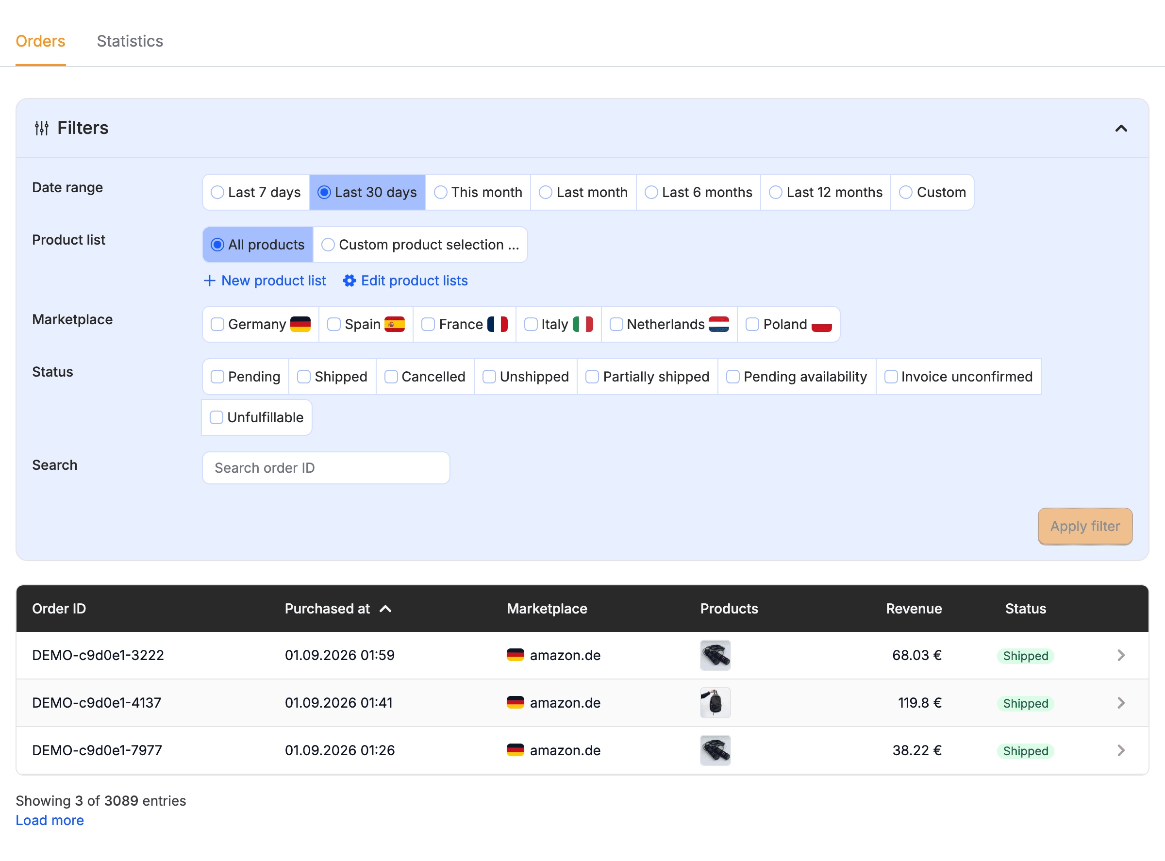 The Orders list with its filter bar above the newest orders.