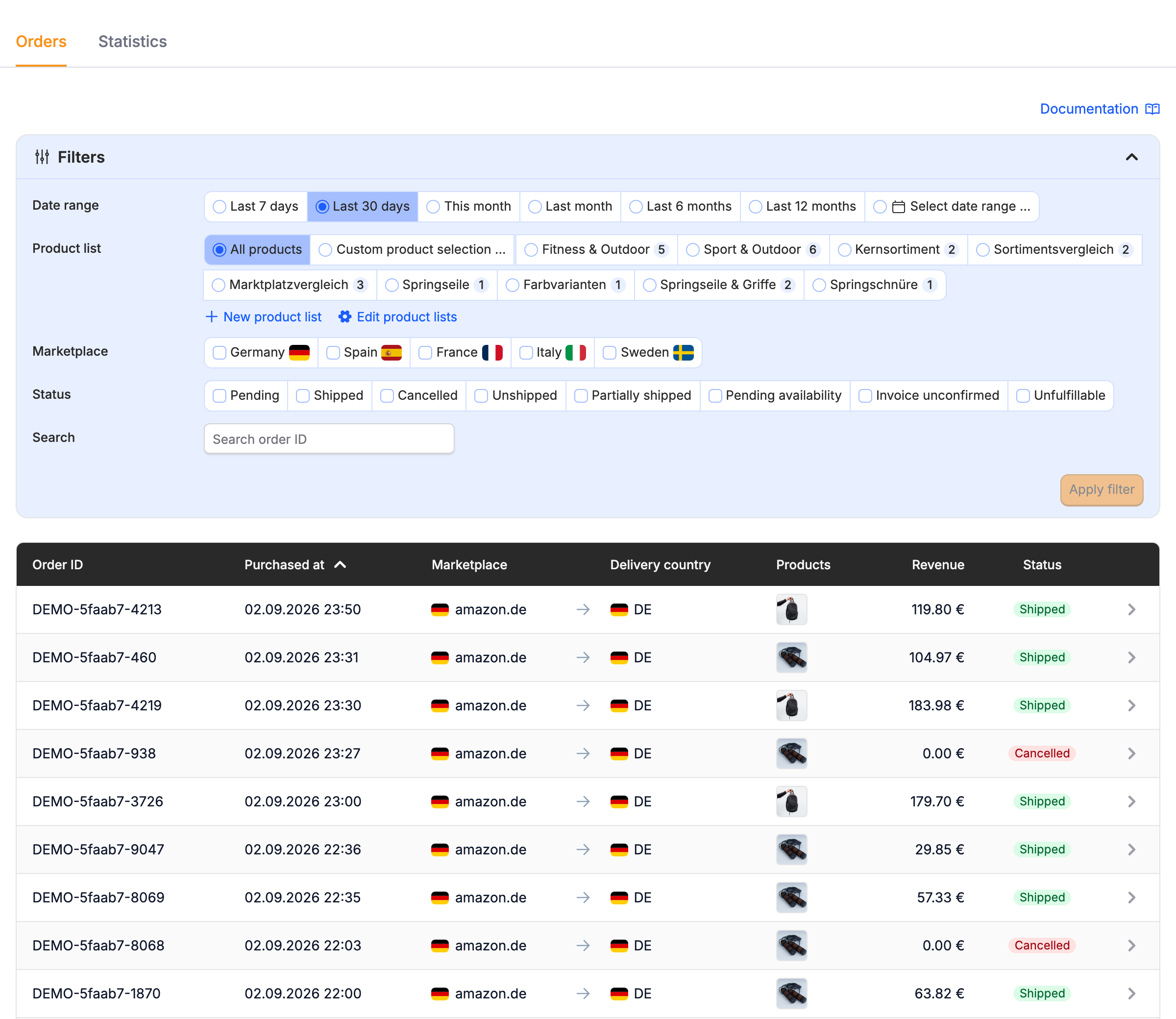 The Orders list with its filter bar above the newest orders.