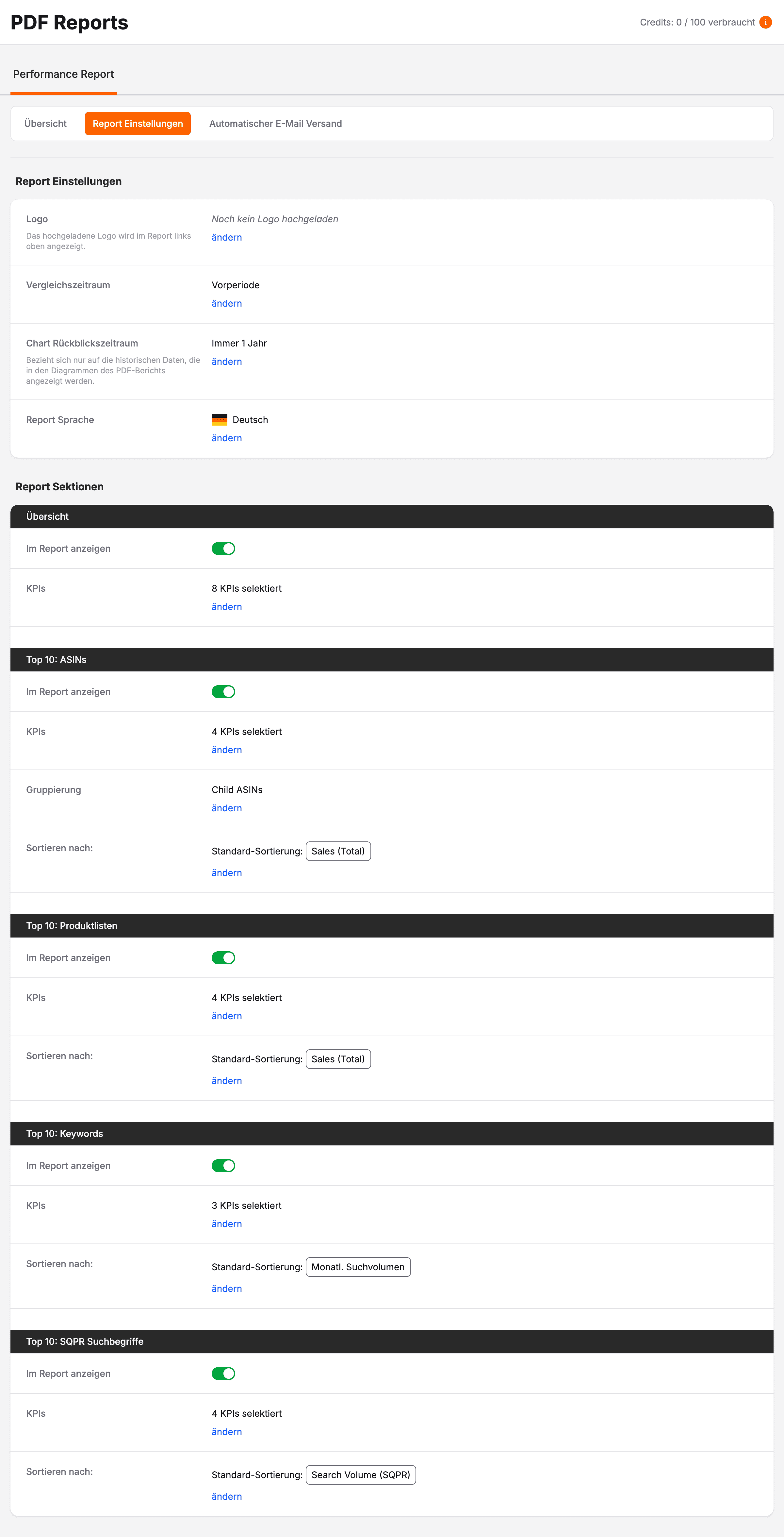Die Seite Report Einstellungen mit Logo, Vergleichszeitraum, Chart Rückblickszeitraum, Report Sprache und der Liste der Report Sektionen.