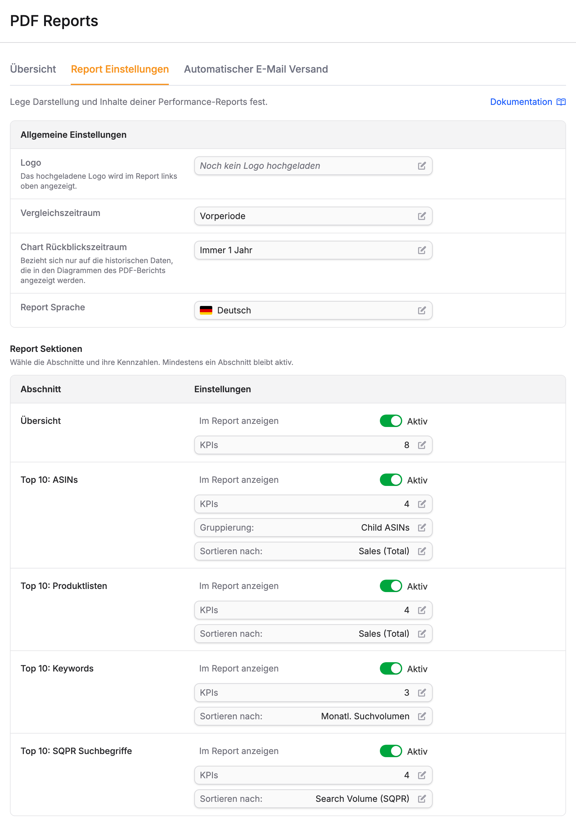 Die Seite Report Einstellungen mit Logo, Vergleichszeitraum, Chart Rückblickszeitraum, Report Sprache und der Liste der Report Sektionen.