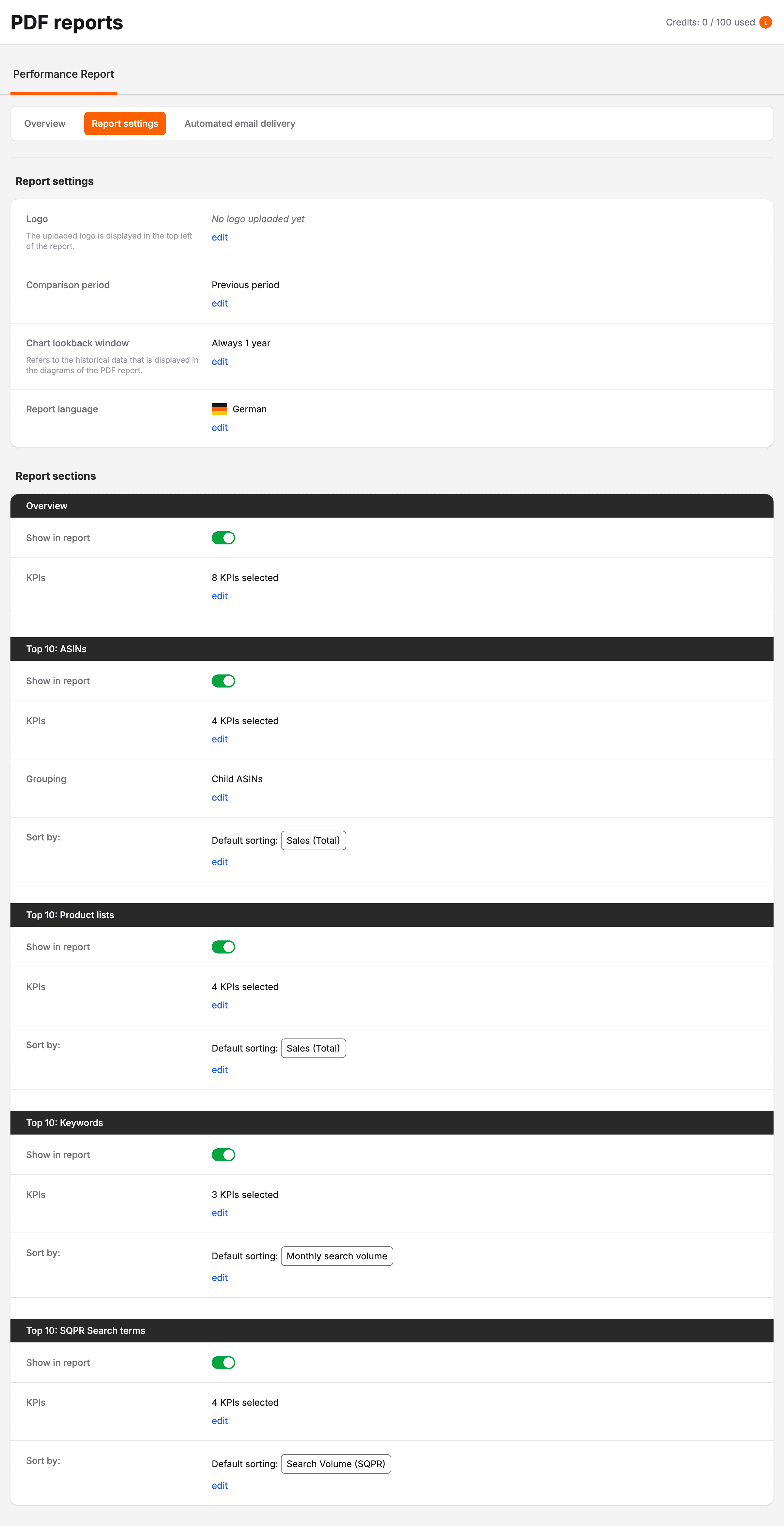 The Report settings page with the logo, comparison period, chart lookback window, report language, and the list of report sections.