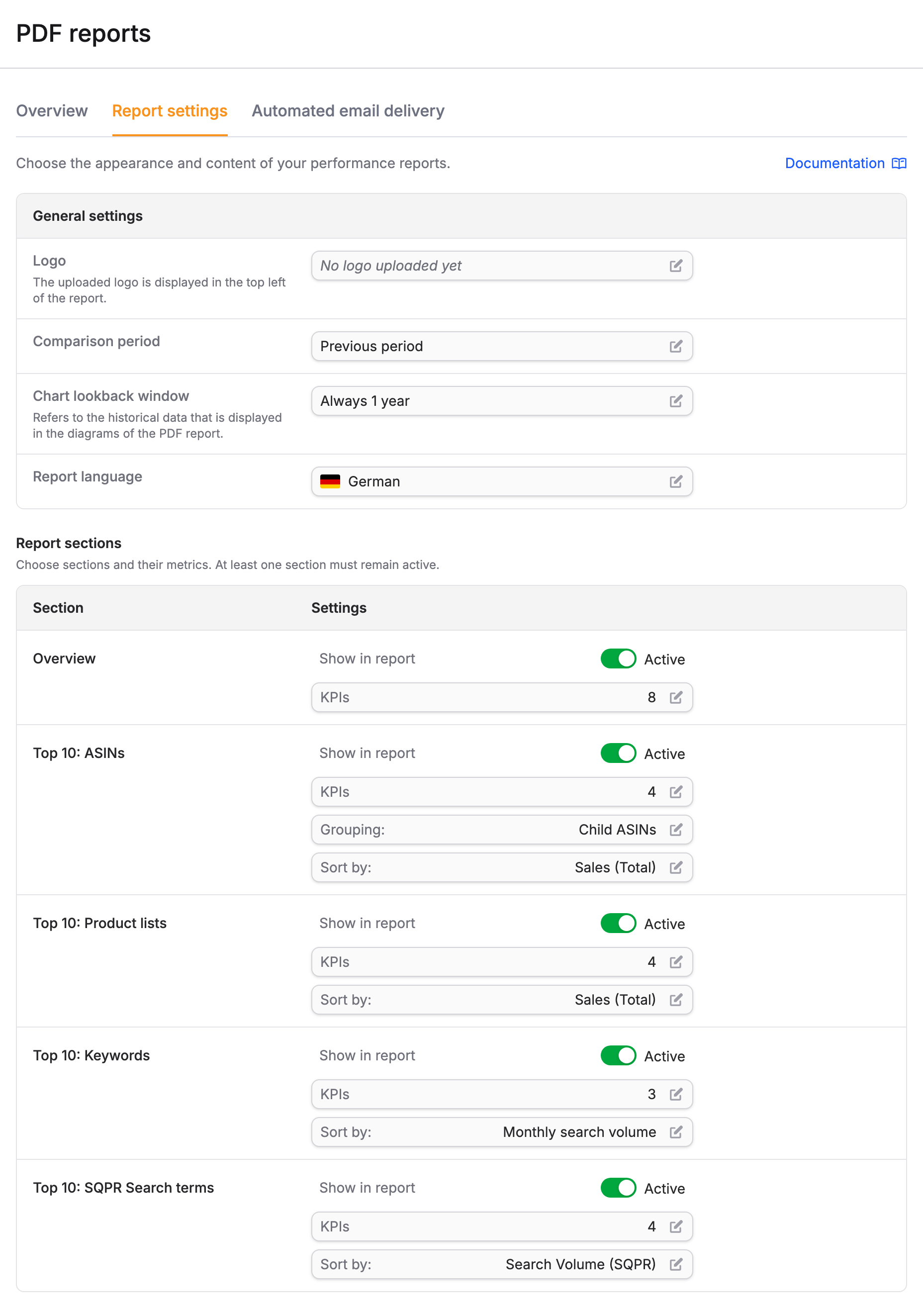 The Report settings page with the logo, comparison period, chart lookback window, report language, and the list of report sections.