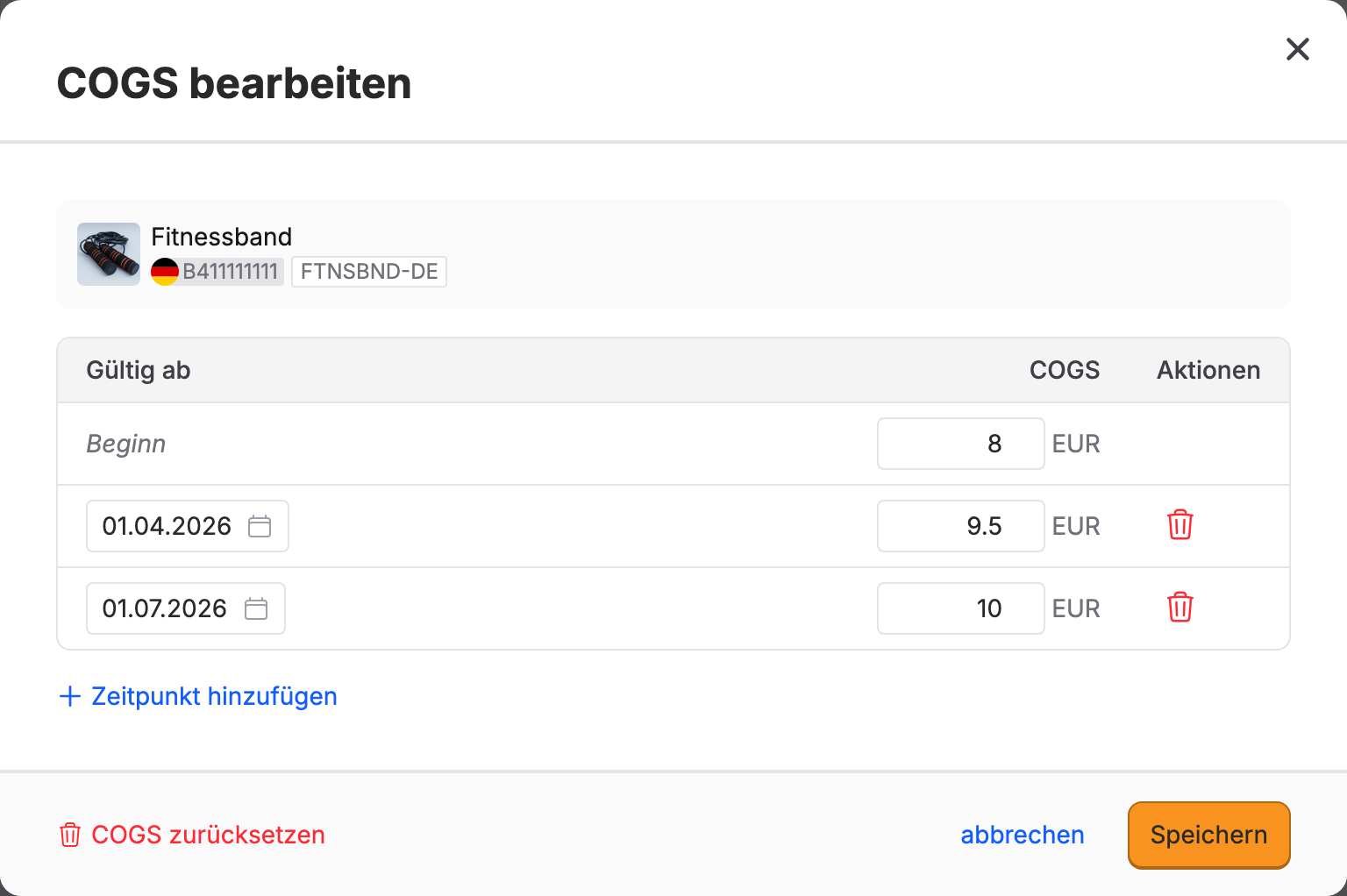Bearbeitungsdialog einer SKU mit Beginn und zwei datierten Kostenzeitpunkten.