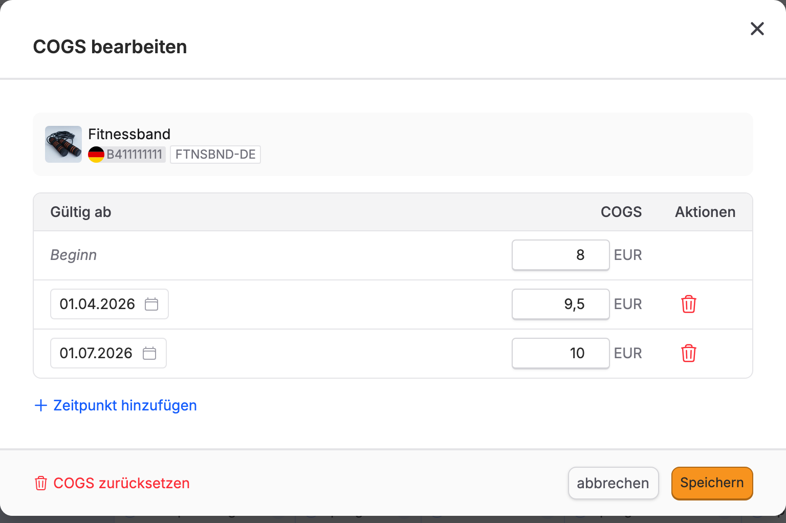 Bearbeitungsdialog einer SKU mit Beginn und zwei datierten Kostenzeitpunkten.