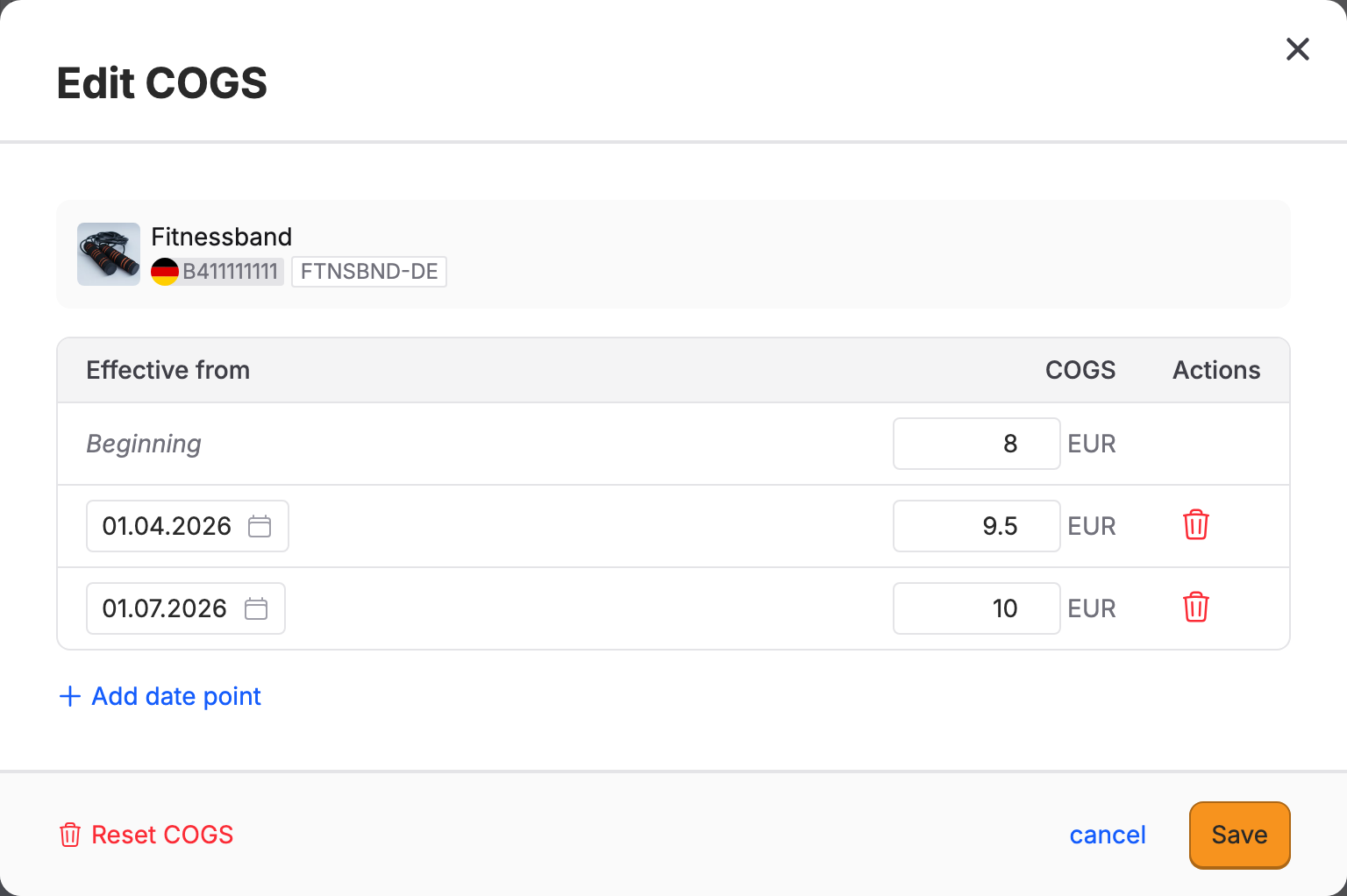 A SKU's edit dialog with Beginning and two dated cost points.