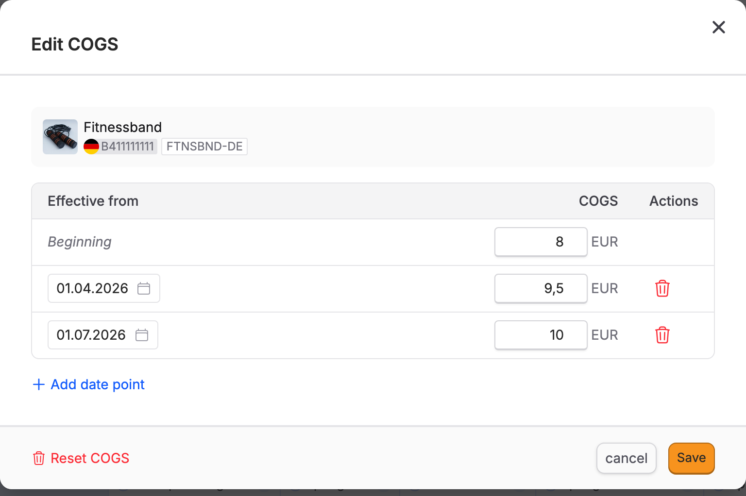 A SKU's edit dialog with Beginning and two dated cost points.