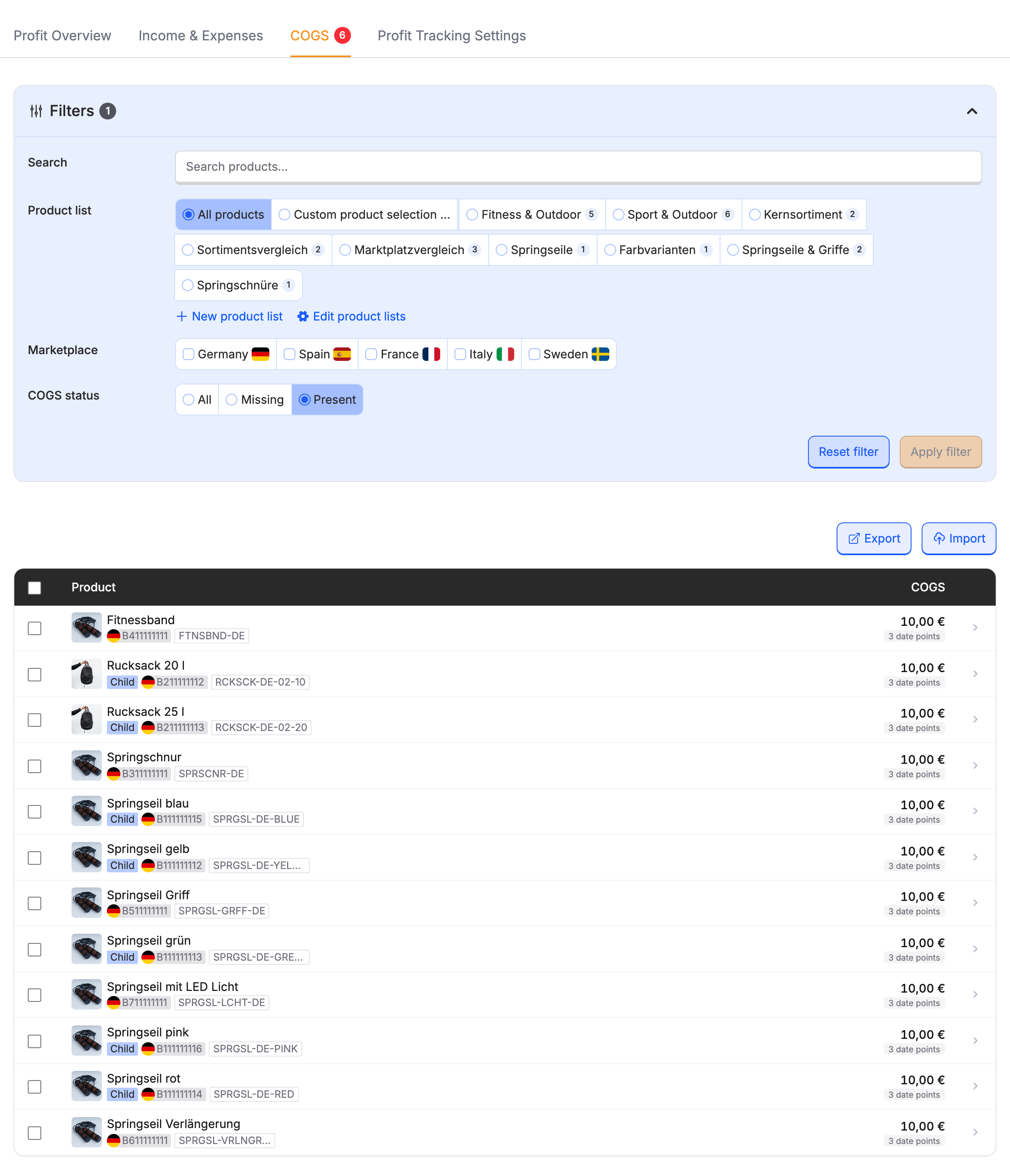 The COGS tab with several products and configured cost values.