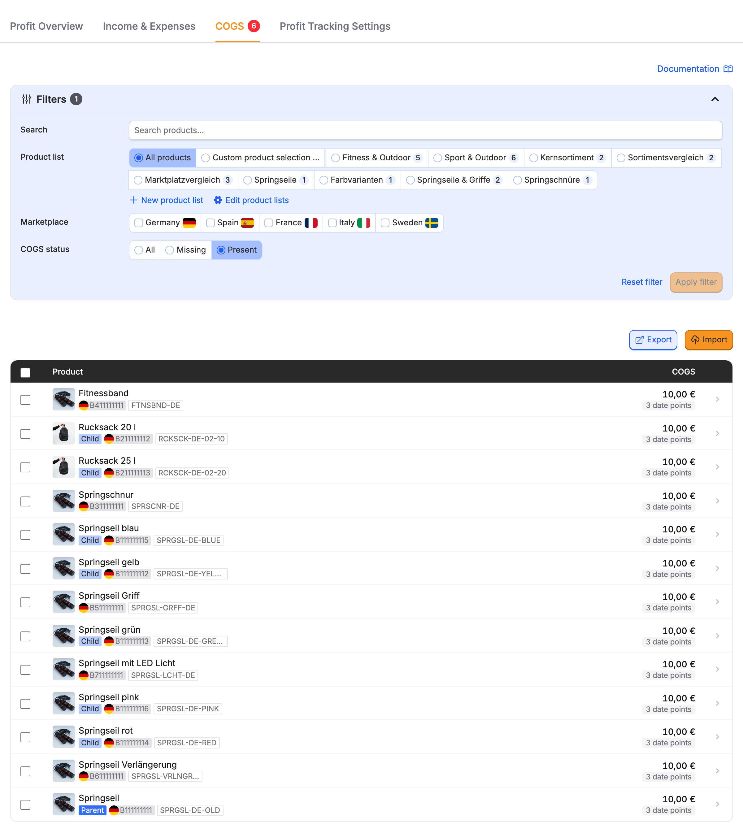 The COGS tab with SKUs, configured cost values, and the number of cost date points.