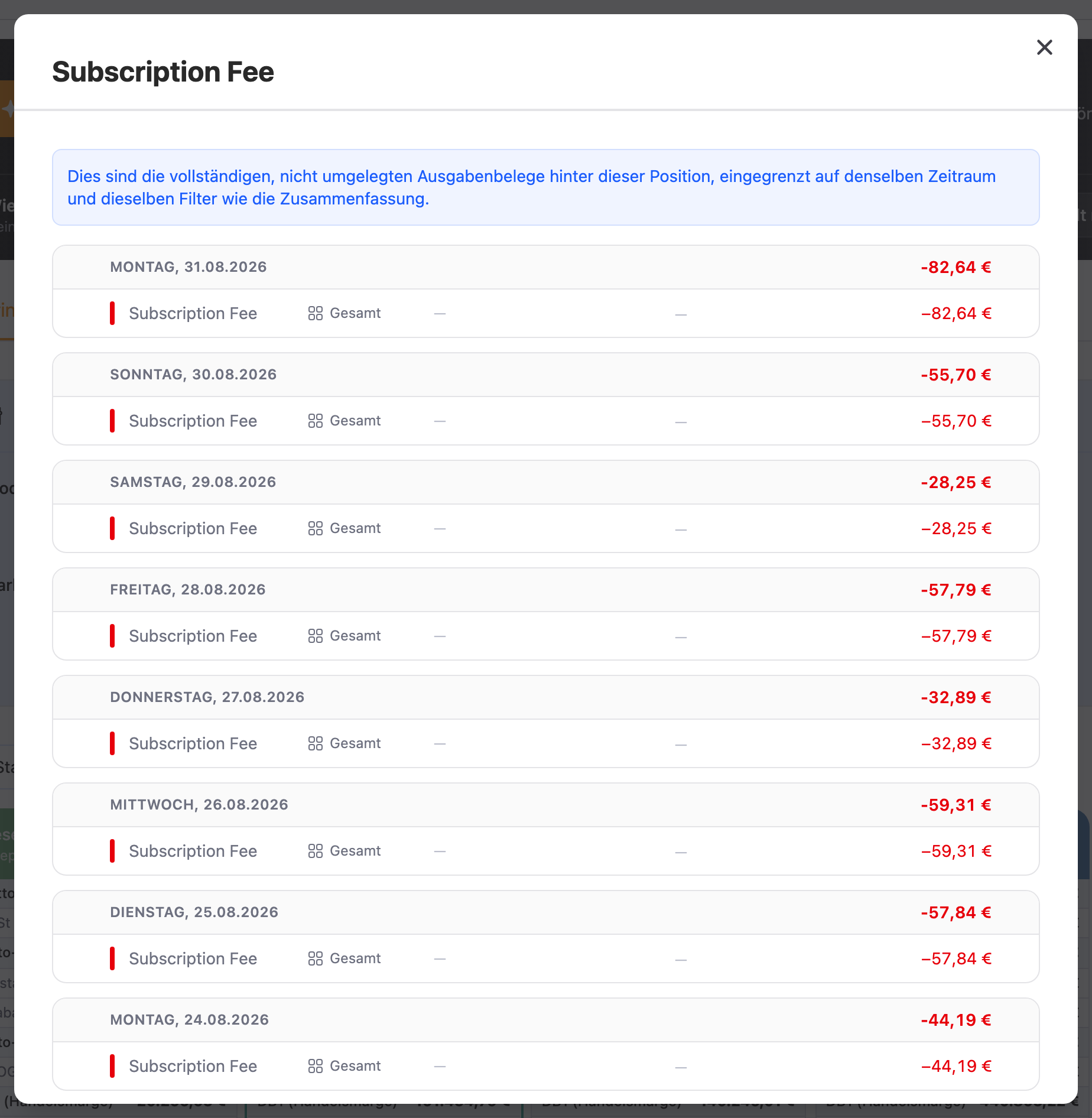 Detailansicht der Kostenunterkategorie Subscription Fee mit mehreren Buchungen aus August 2026.