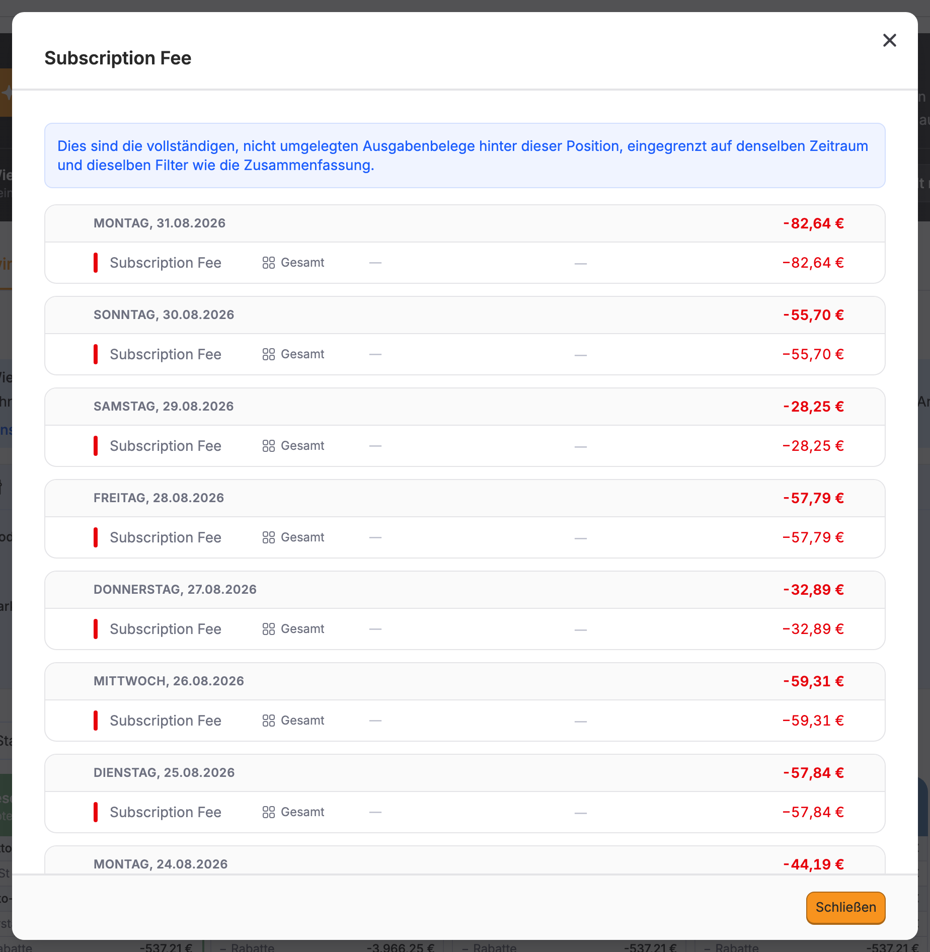 Detailansicht der Kostenunterkategorie Subscription Fee mit mehreren Buchungen aus August 2026.