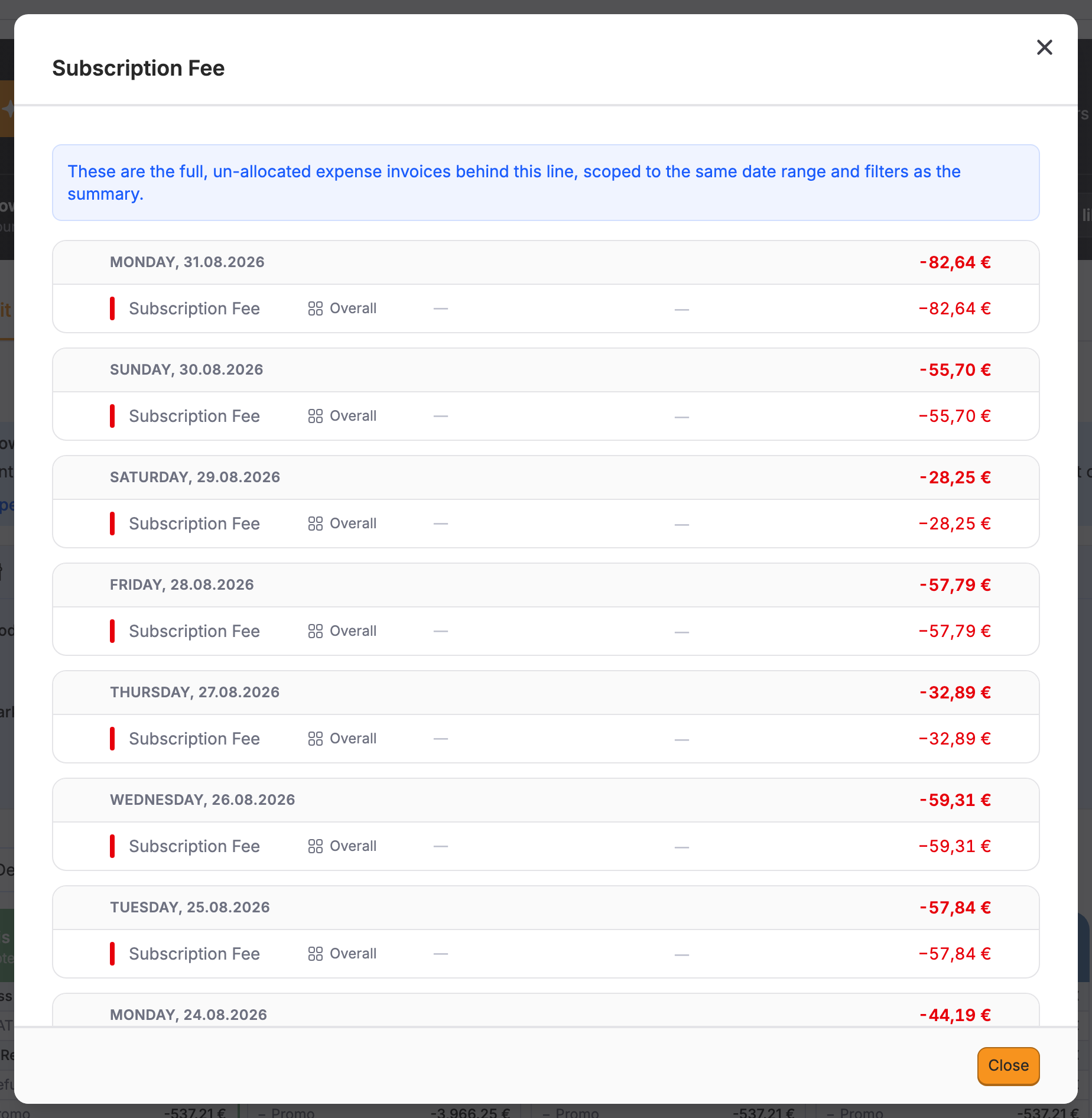 The Subscription Fee cost subcategory detail view with multiple entries from August 2026.
