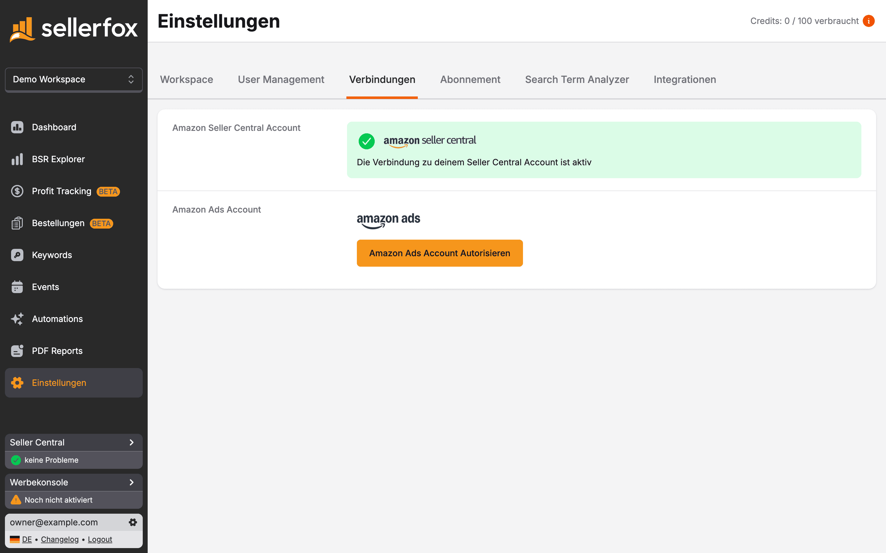 Einstellungen, Tab Verbindungen mit aktiver Seller-Central-Verbindung und Schaltfläche zum Autorisieren von Amazon Ads