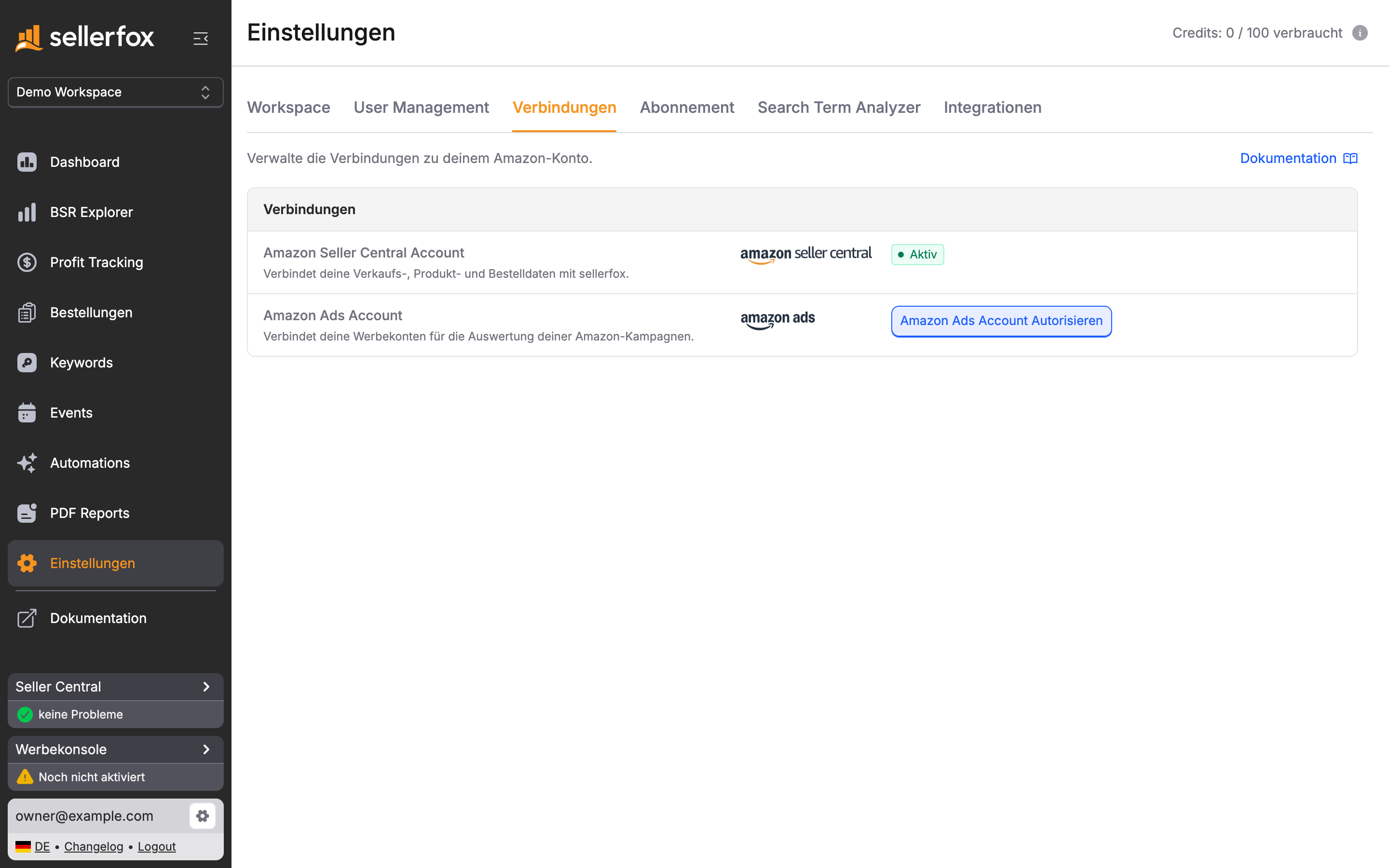 Einstellungen, Tab Verbindungen mit aktiver Seller-Central-Verbindung und Schaltfläche zum Autorisieren von Amazon Ads