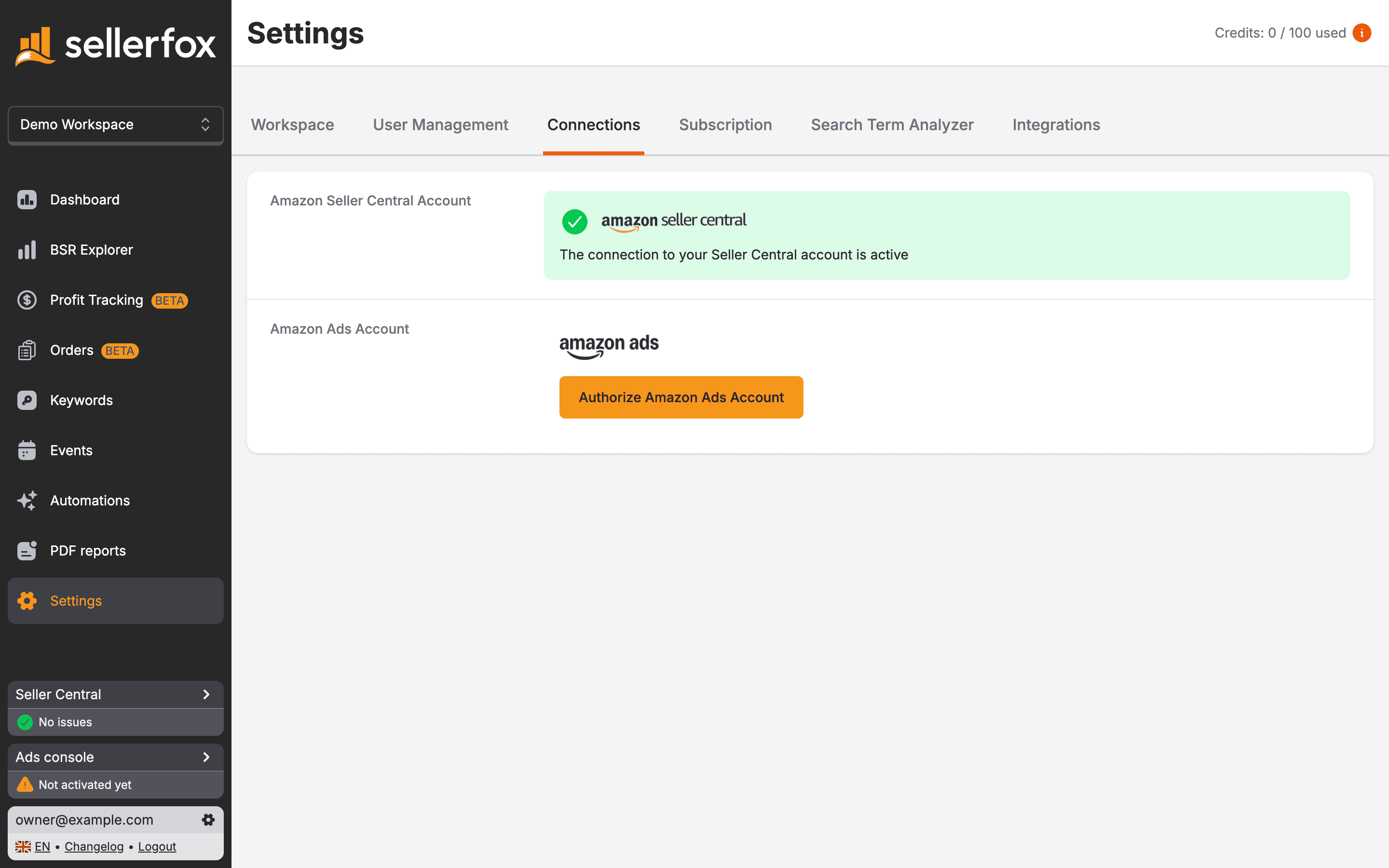 Settings, Connections tab with an active Seller Central connection and the Authorize Amazon Ads Account button