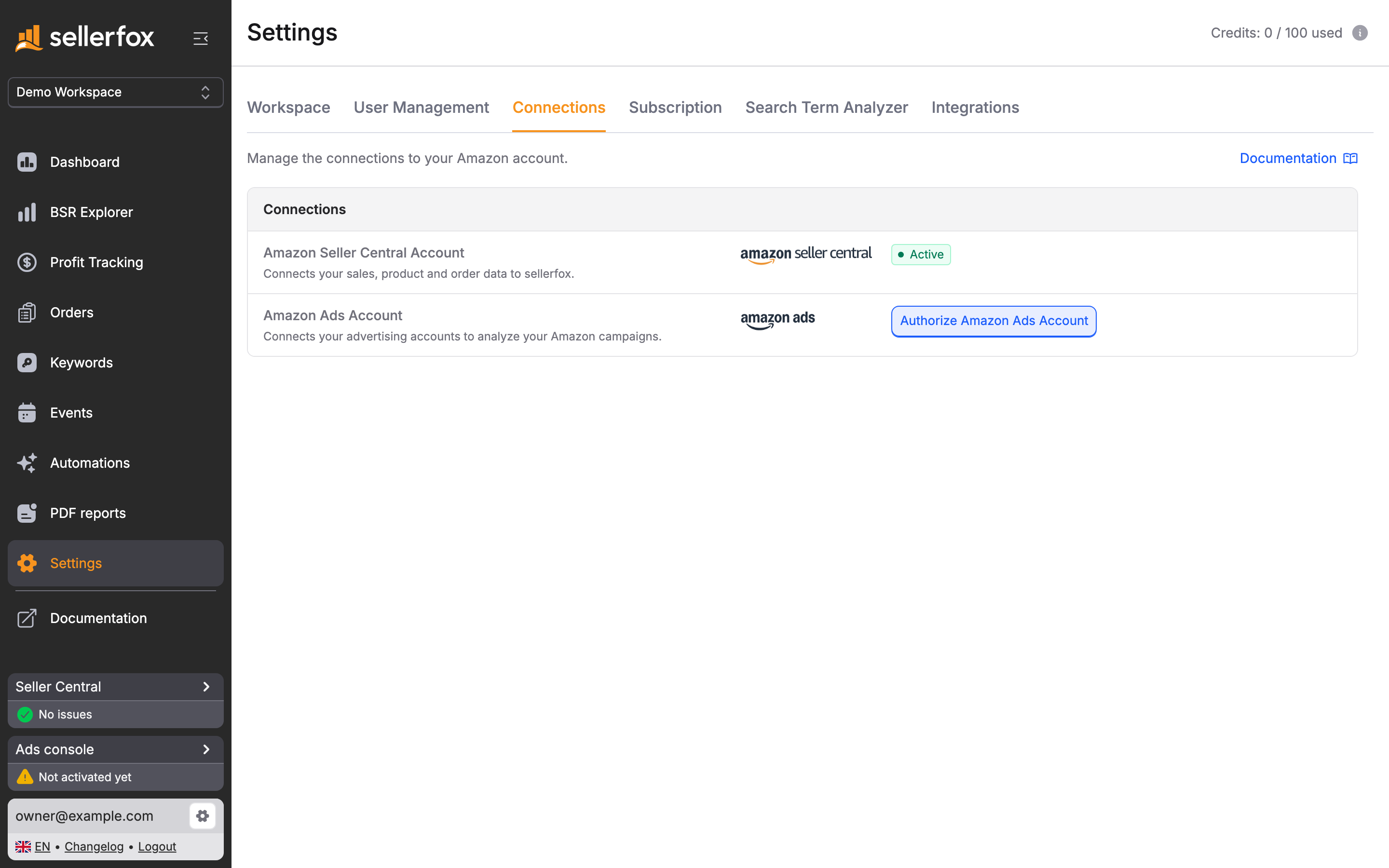 Settings, Connections tab with an active Seller Central connection and the Authorize Amazon Ads Account button