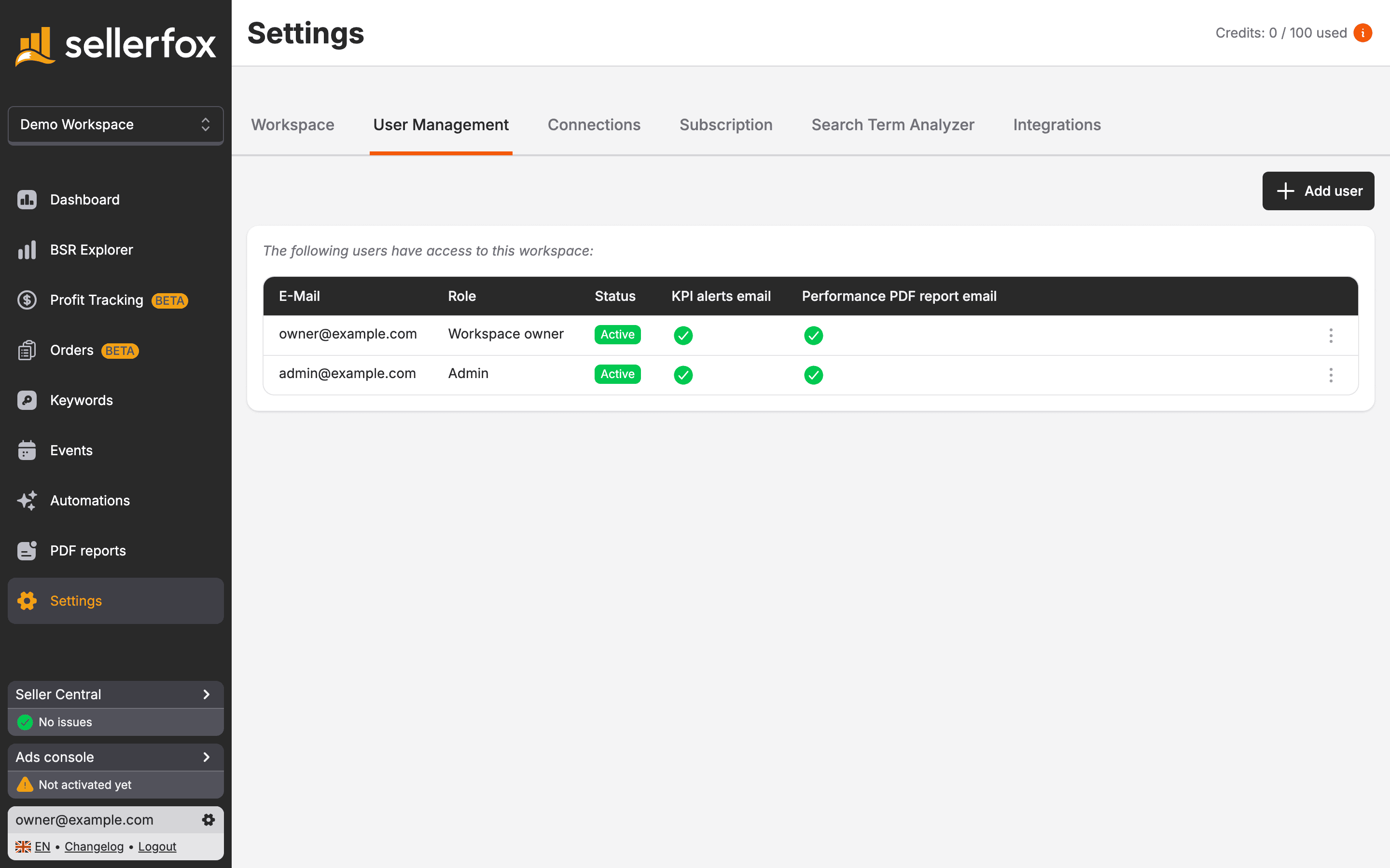 Settings, User Management with one row per member showing E-Mail, Role, Status, KPI alerts email, and Performance PDF report email