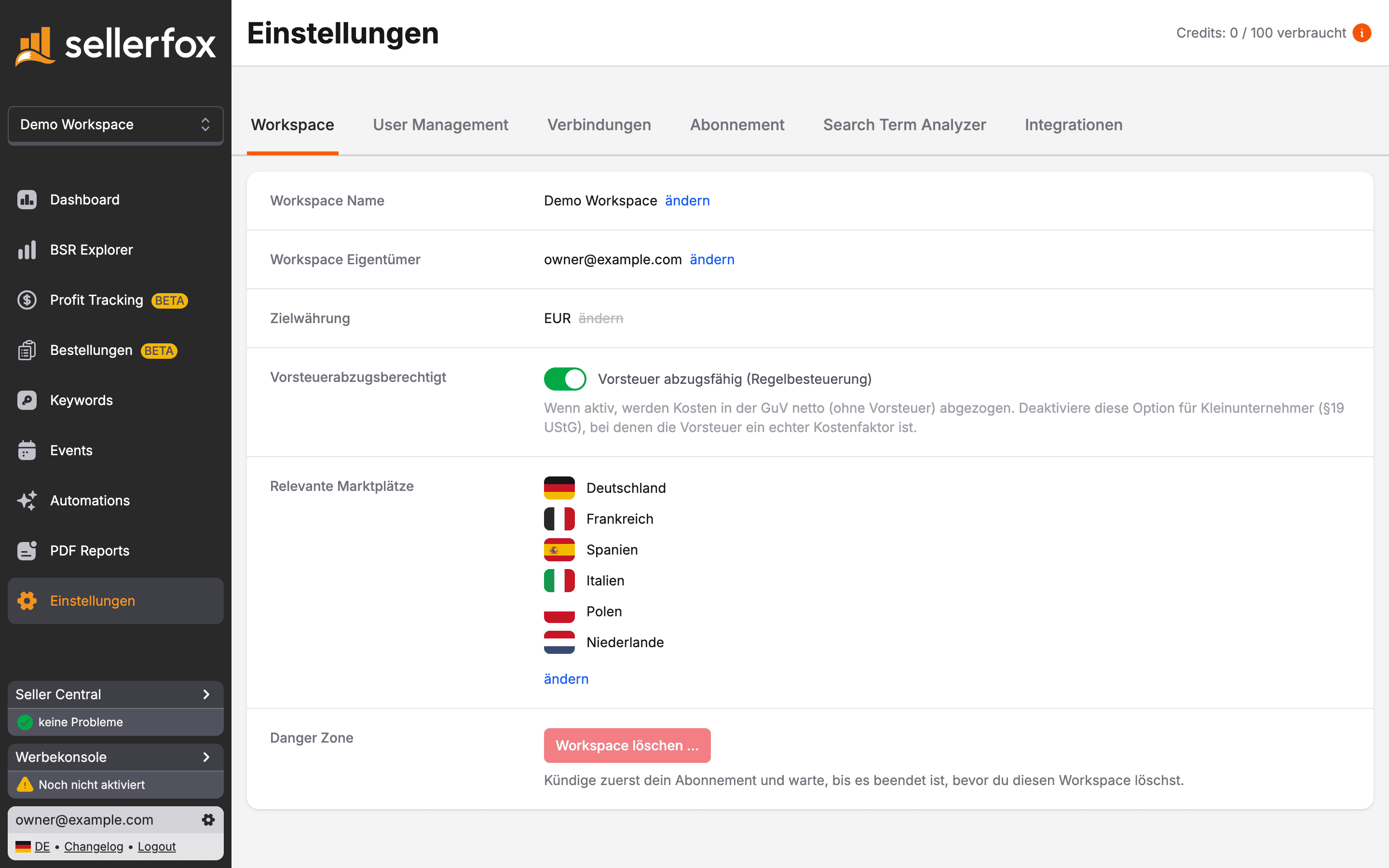 Einstellungen, Tab Workspace, mit aktivierter Option Vorsteuerabzugsberechtigt.