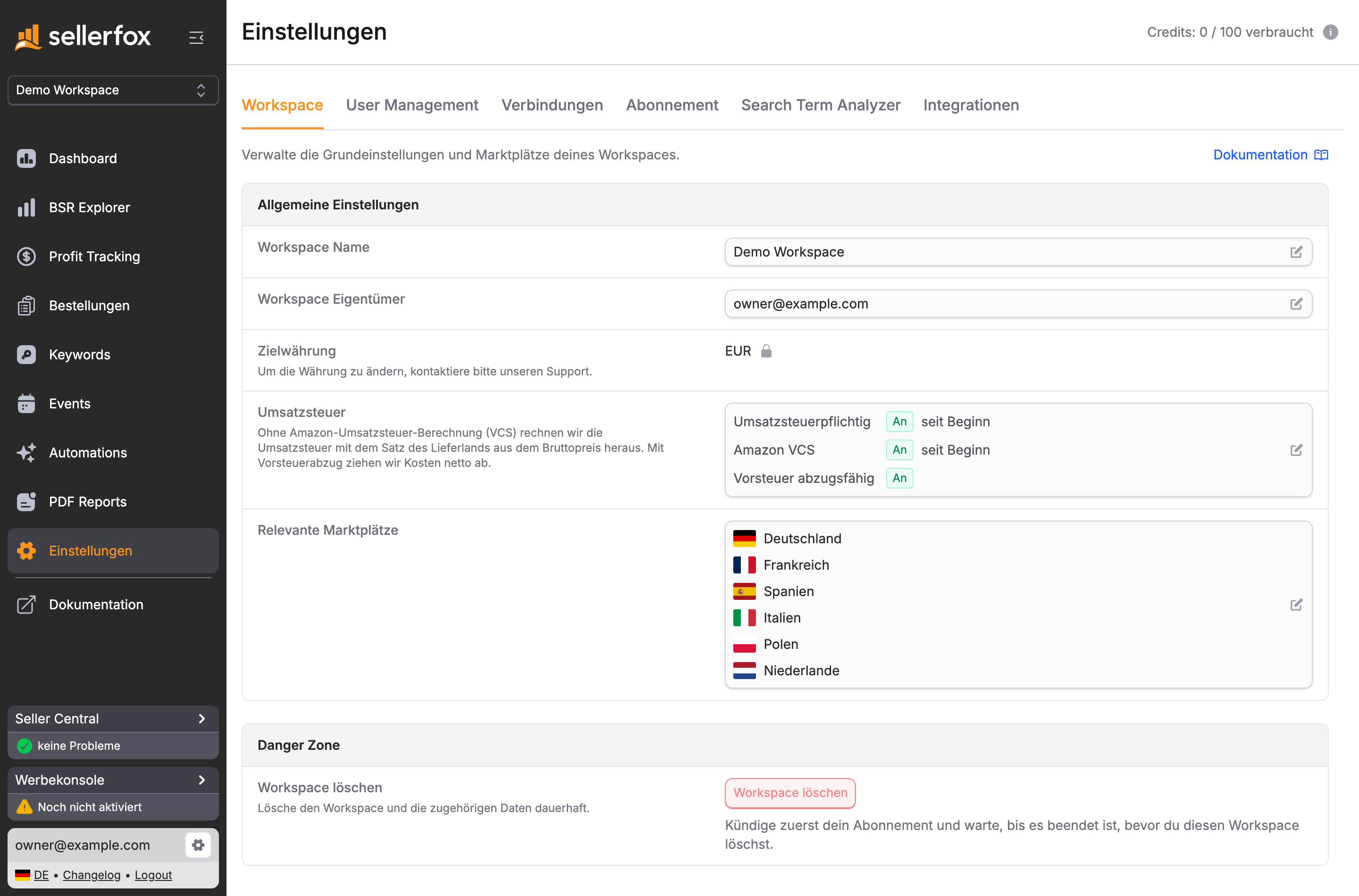 Einstellungen, Tab Workspace mit Workspace-Name, Eigentümer, Zielwährung, Umsatzsteuer, relevanten Marktplätzen und der Danger Zone