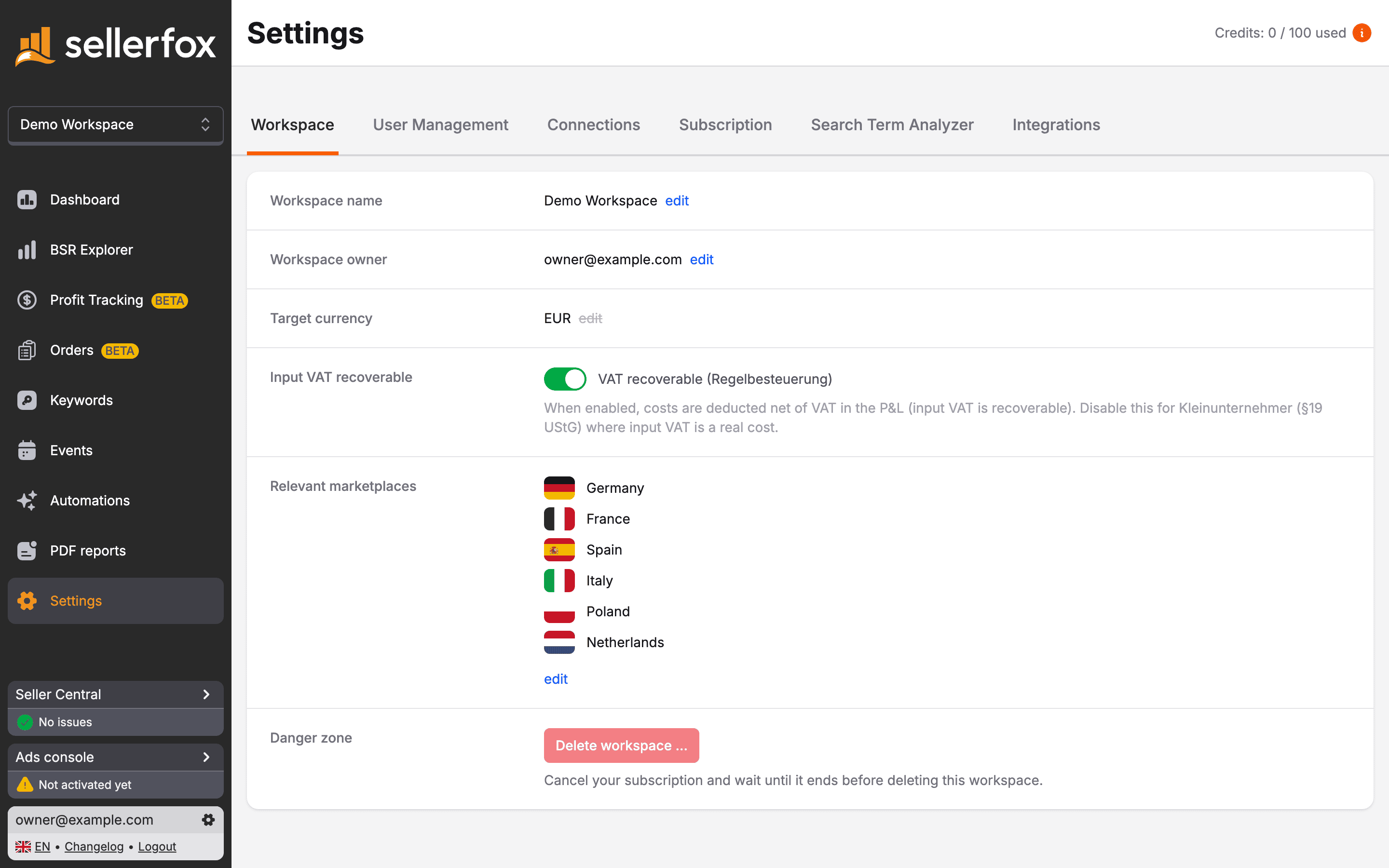 Settings, Workspace tab, with the Input VAT recoverable toggle switched on.