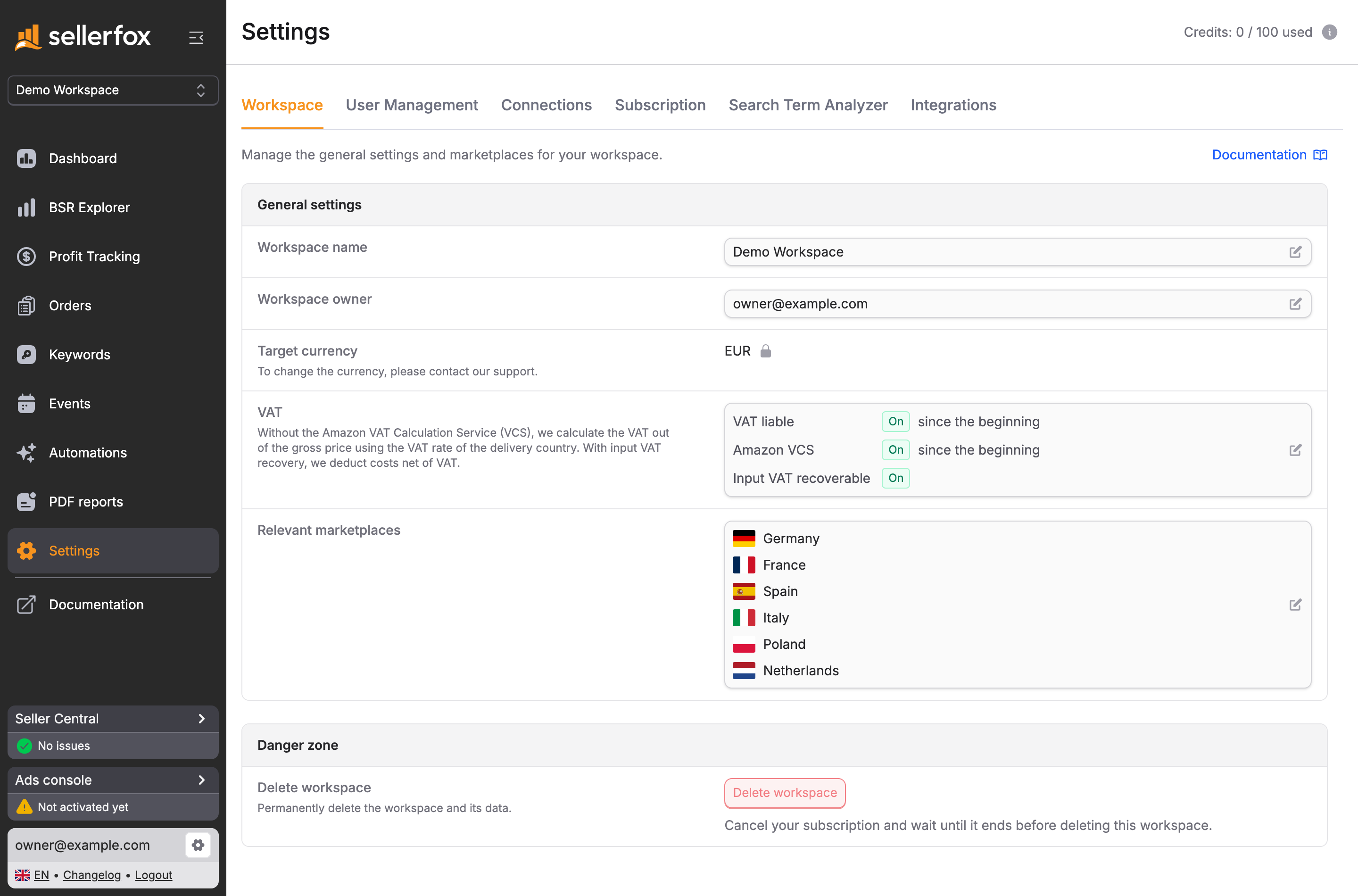 Settings, Workspace tab with workspace name, owner, target currency, VAT, relevant marketplaces, and the Danger zone