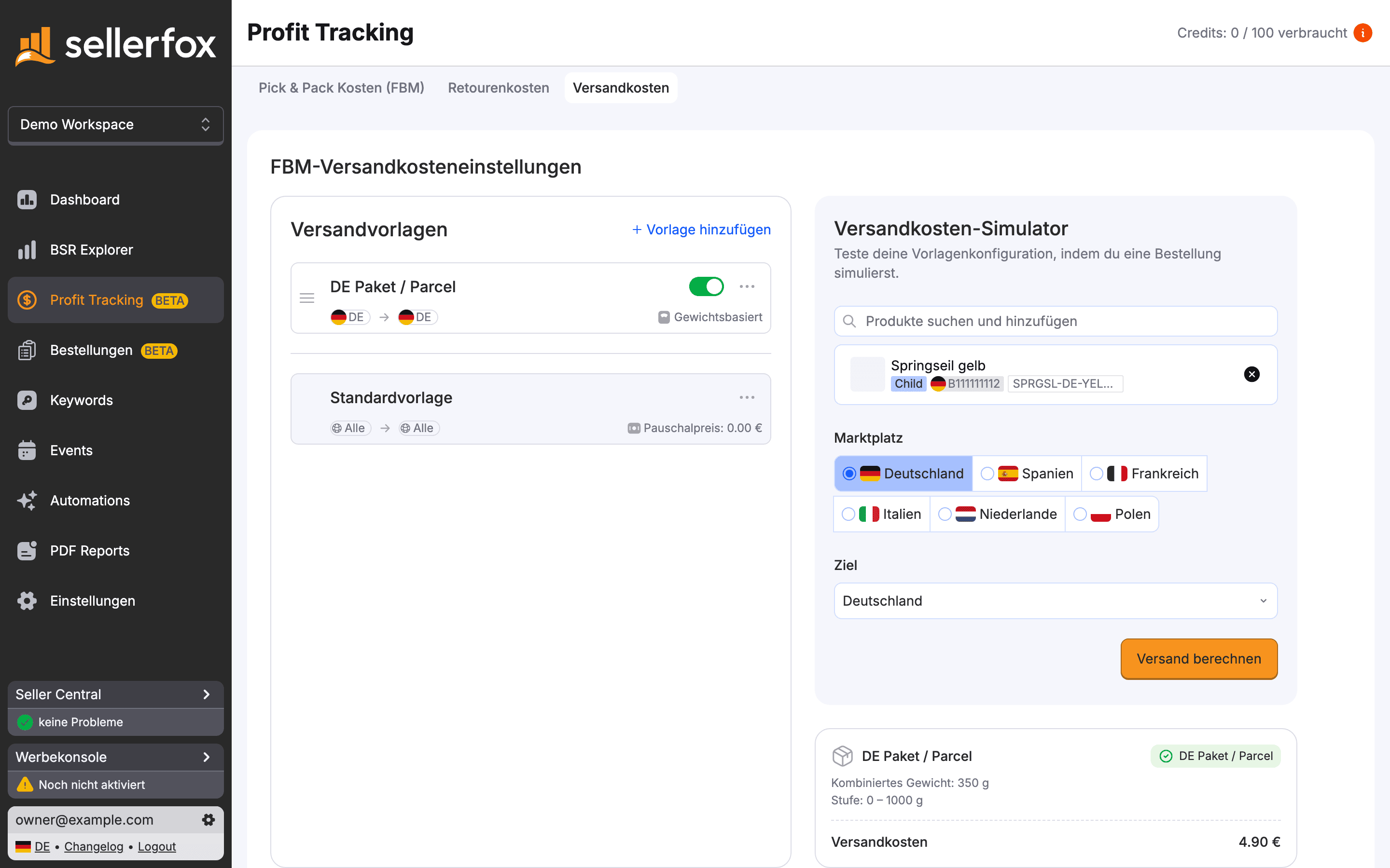 Der Versandkosten-Simulator mit ausgewähltem Produkt, Marktplatz und Ziel.