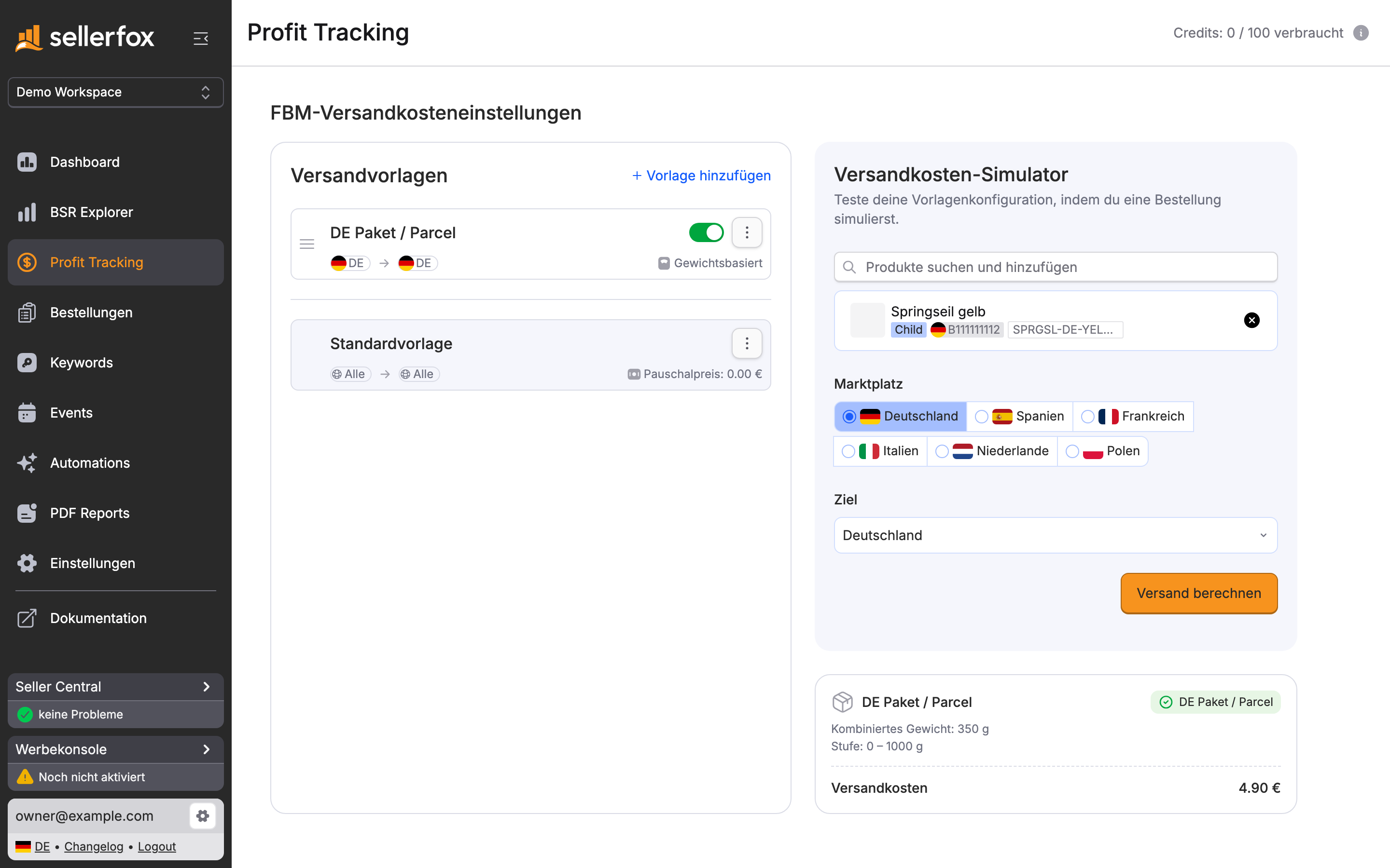 Der Versandkosten-Simulator mit ausgewähltem Produkt, Marktplatz und Ziel.