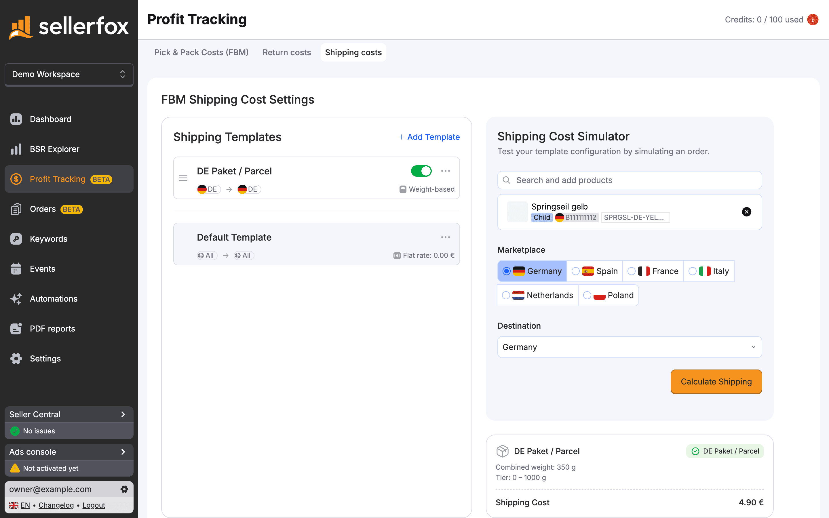 The Shipping Cost Simulator with a product, marketplace, and destination selected.